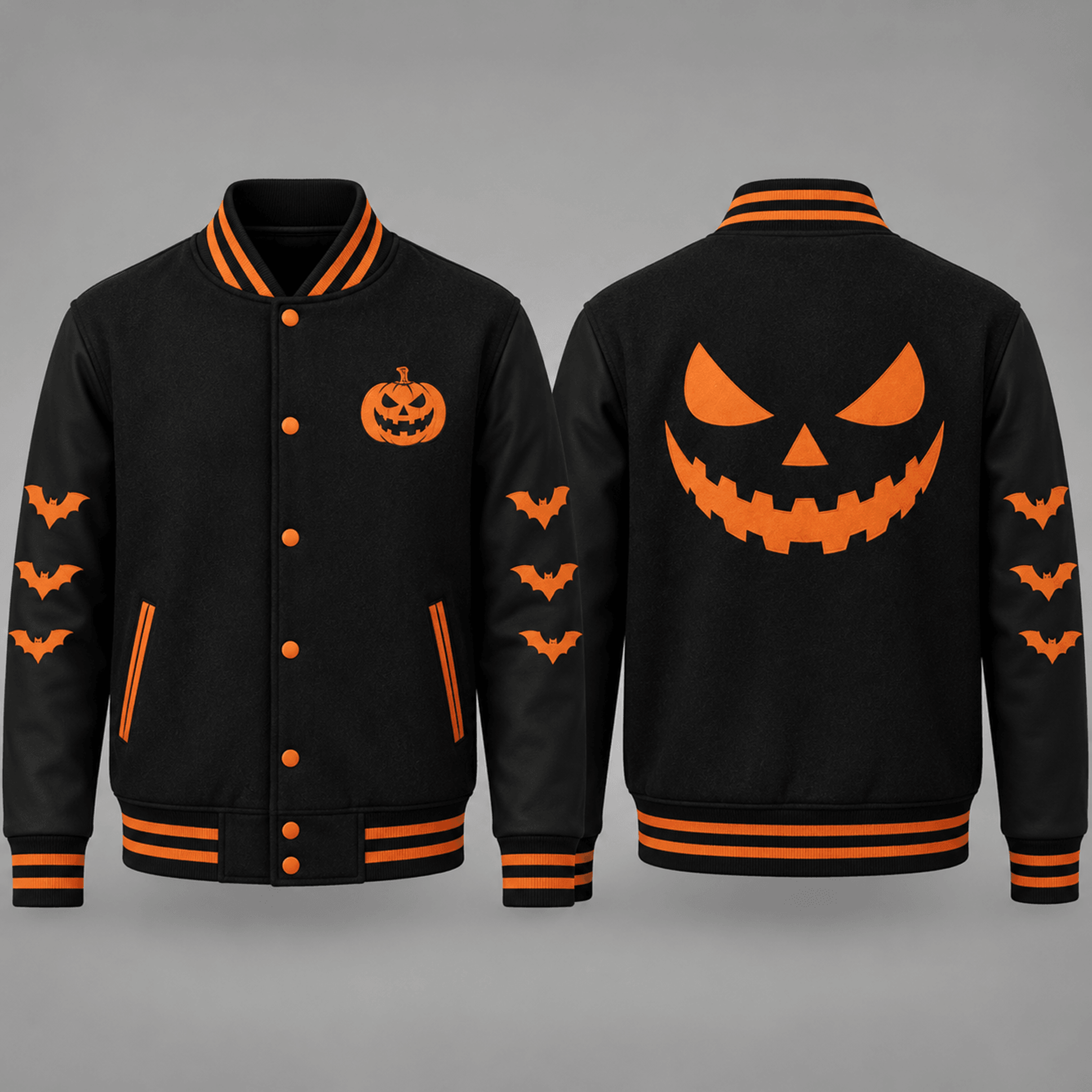 unisex jack o lantern varsity jacket, evil pumpkin face bat graphic, black orange spooky halloween jacket