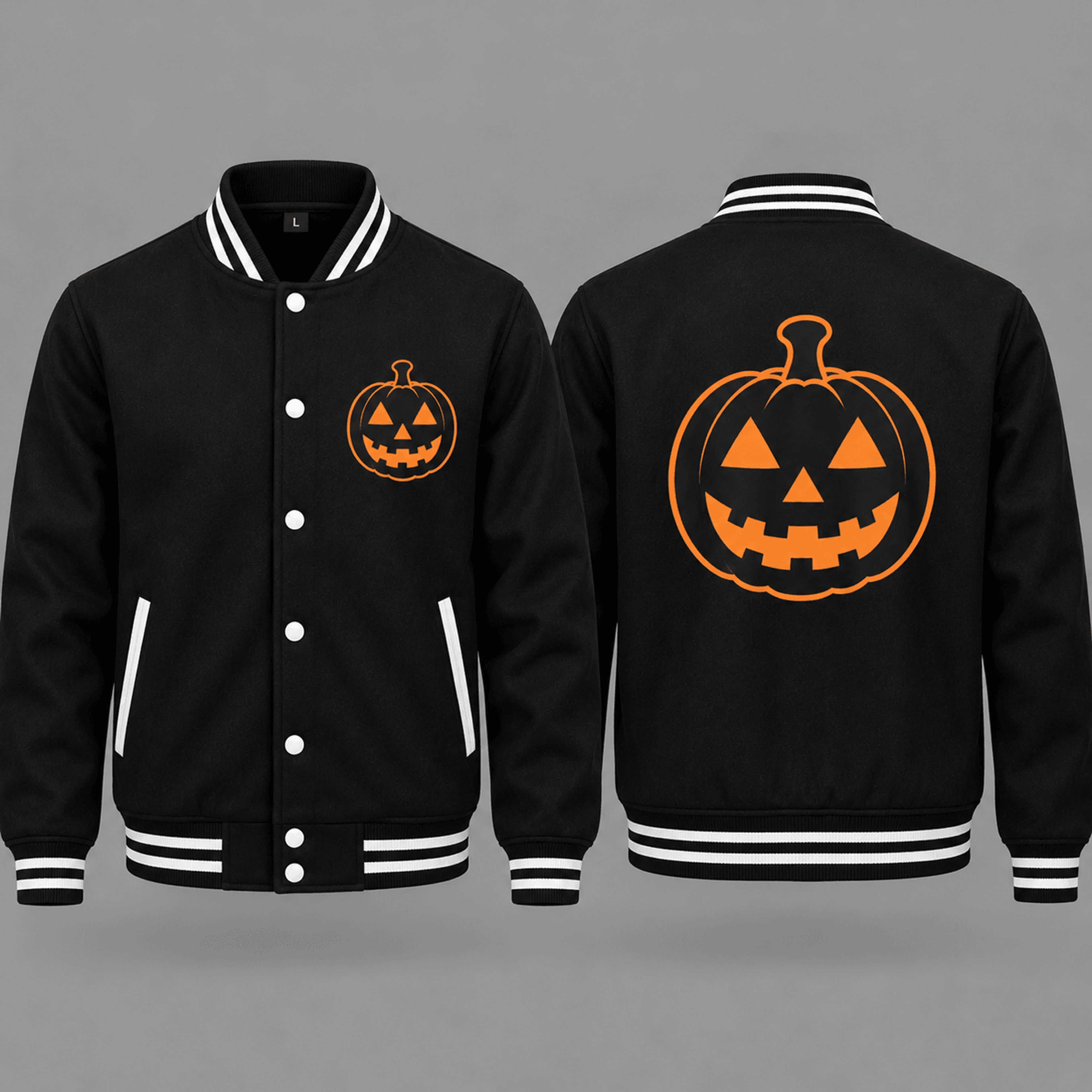unisex minimal jack o lantern varsity jacket, orange pumpkin face graphic, black spooky halloween jacket, october gift