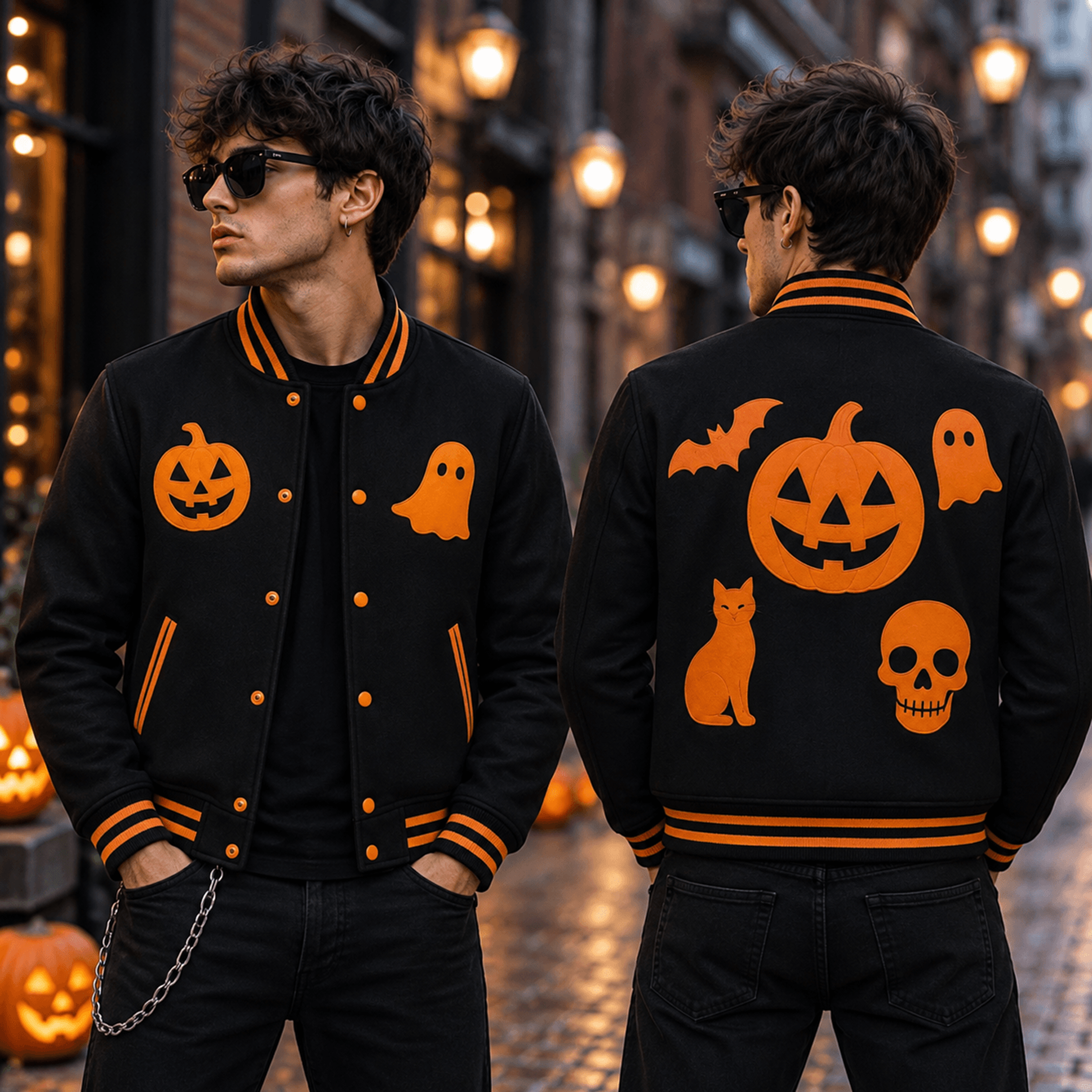 unisex spooky icons varsity jacket, pumpkin ghost bat black cat skull graphic, black orange halloween jacket