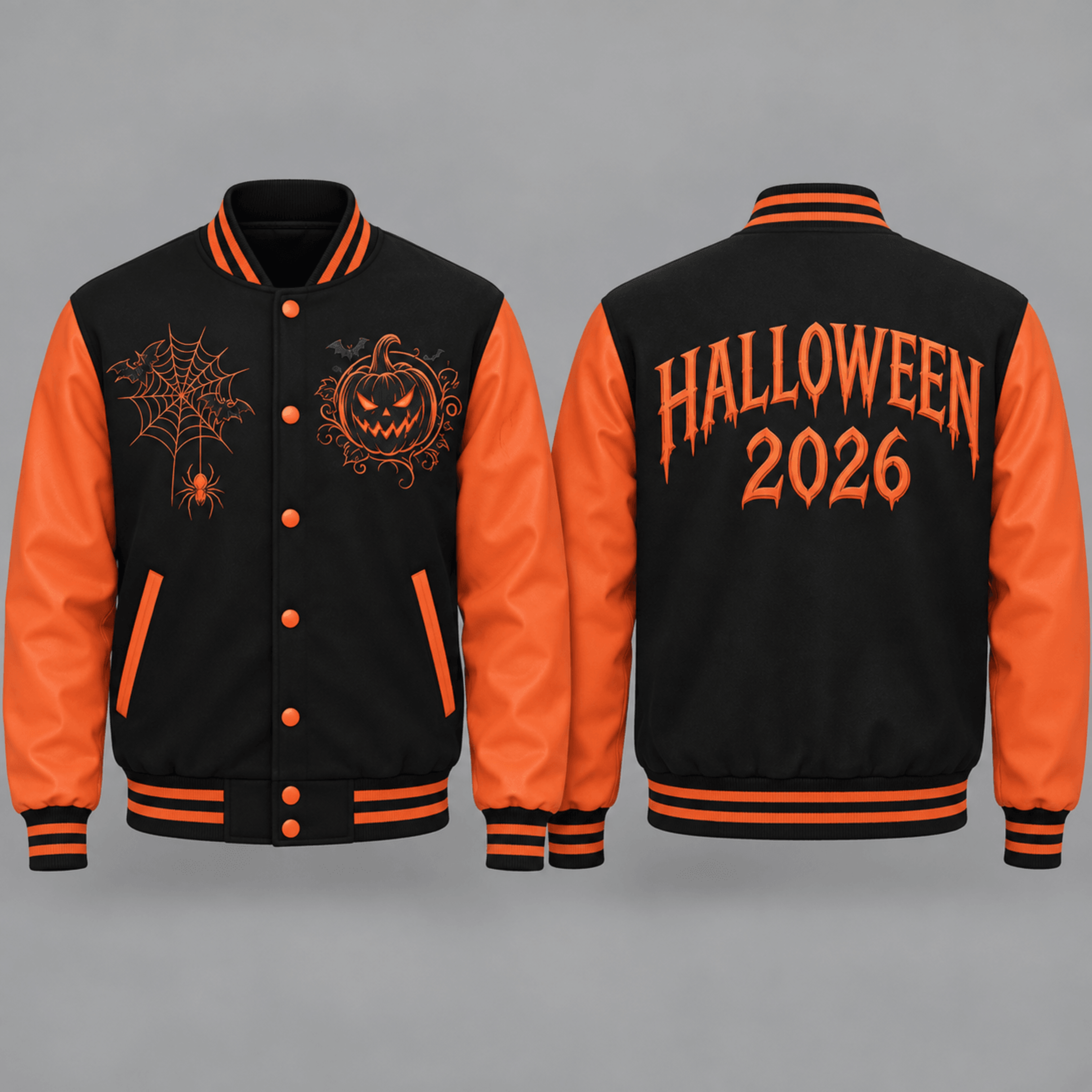 unisex halloween 2026 varsity jacket, jack o lantern spider web graphic, black orange spooky october jacket