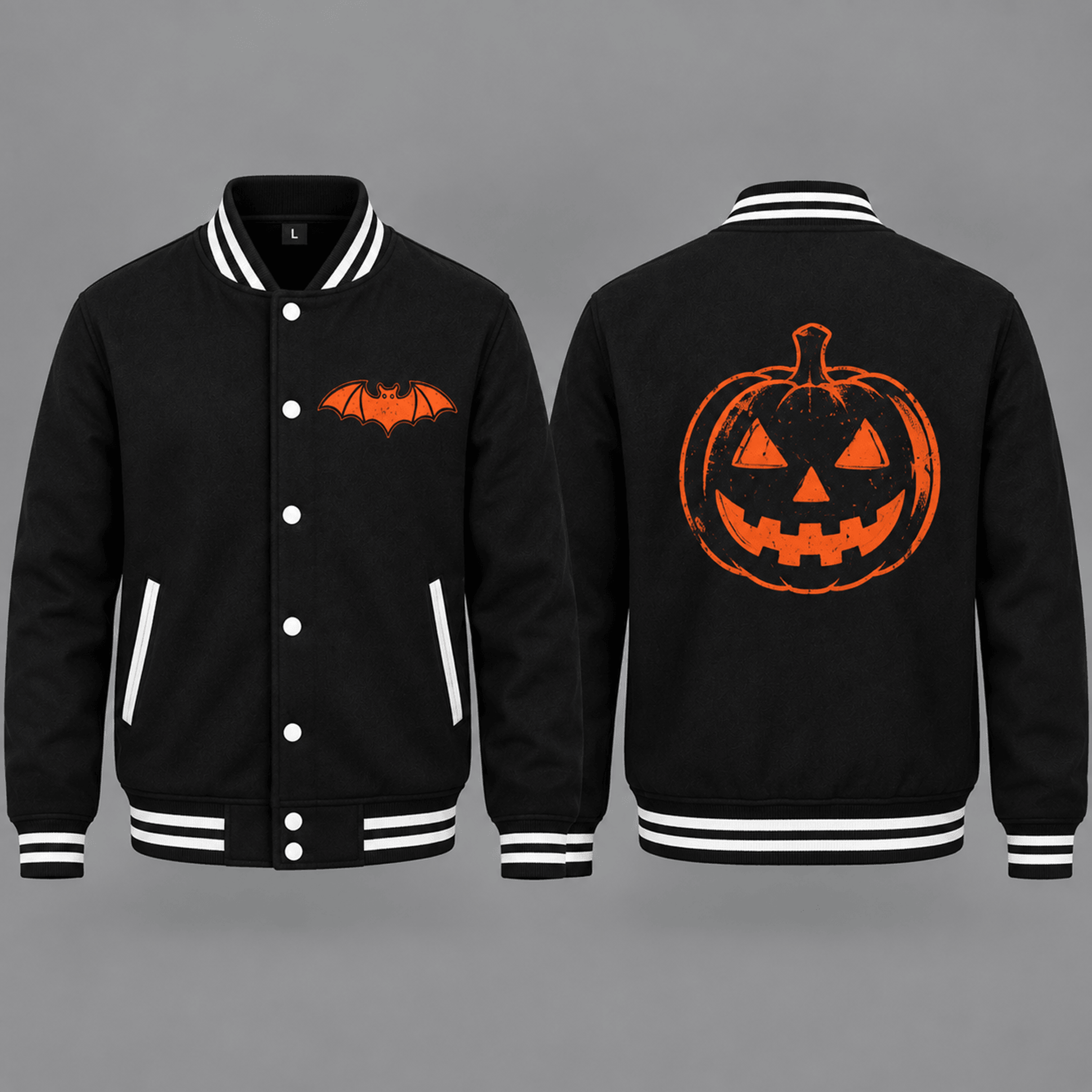 unisex jack o lantern varsity jacket, vintage pumpkin bat graphic, black orange halloween spooky season jacket