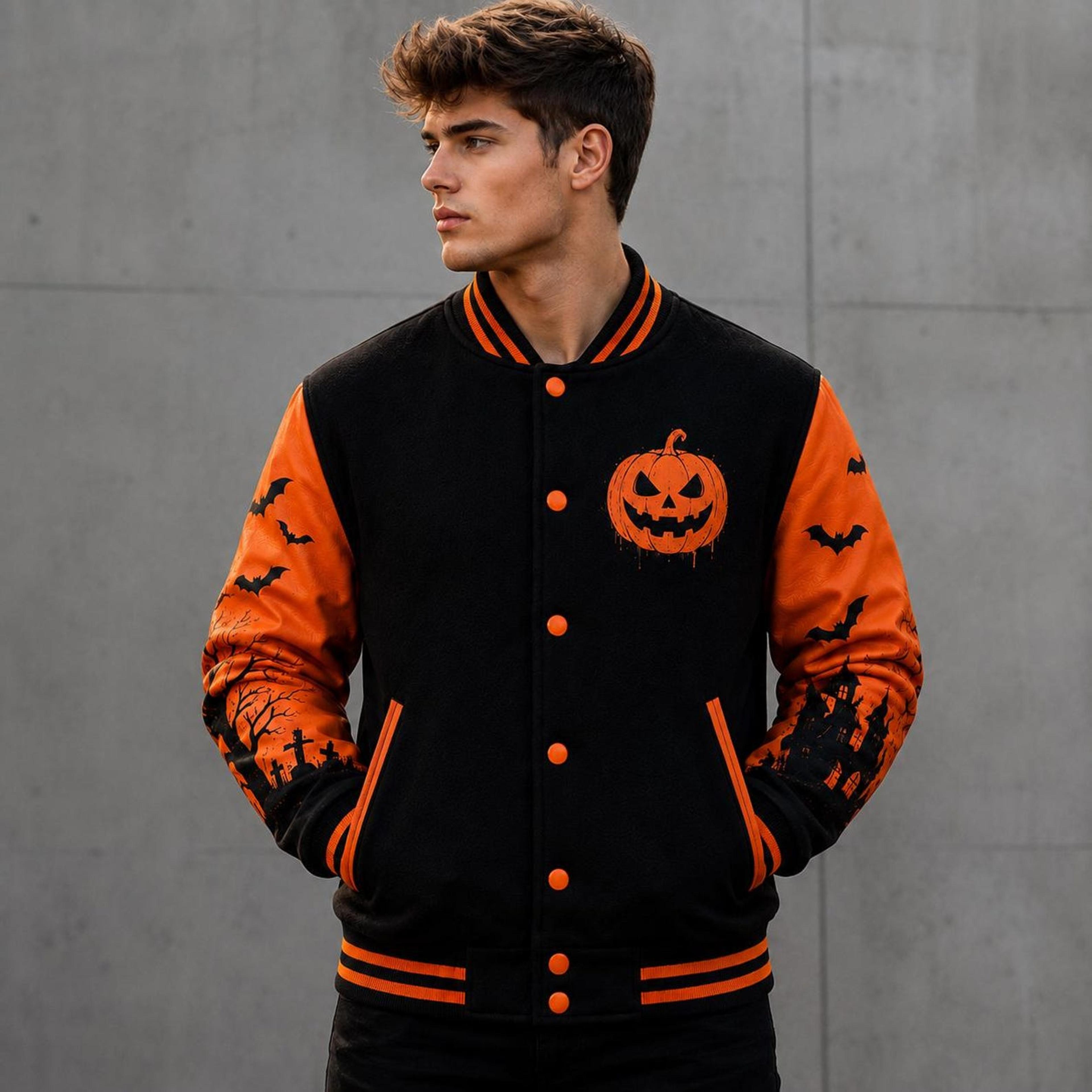 unisex haunted castle varsity jacket, pumpkin bat graveyard graphic, black orange halloween spooky season jacket