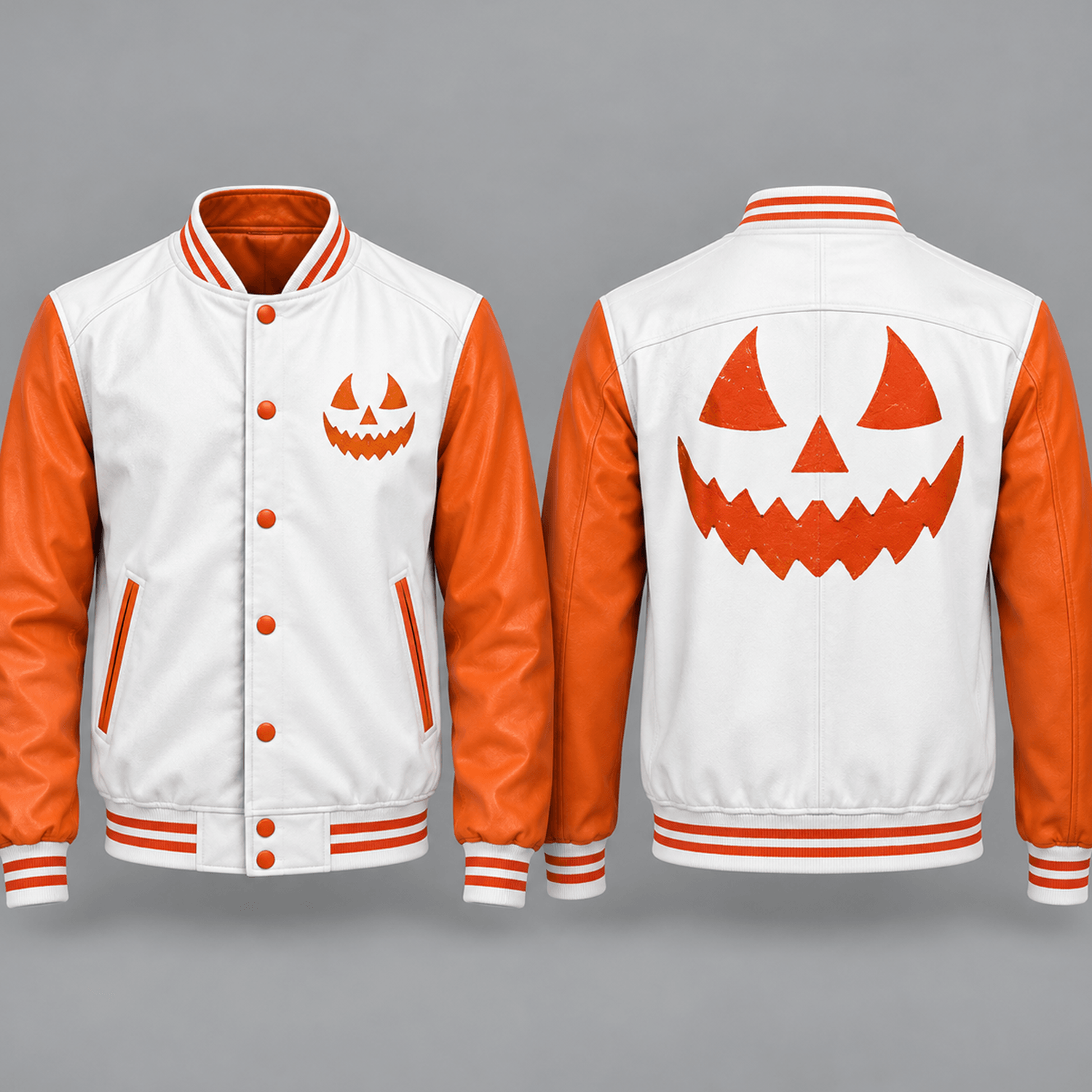unisex jack o lantern varsity jacket, minimal pumpkin face graphic, white orange halloween spooky season jacket