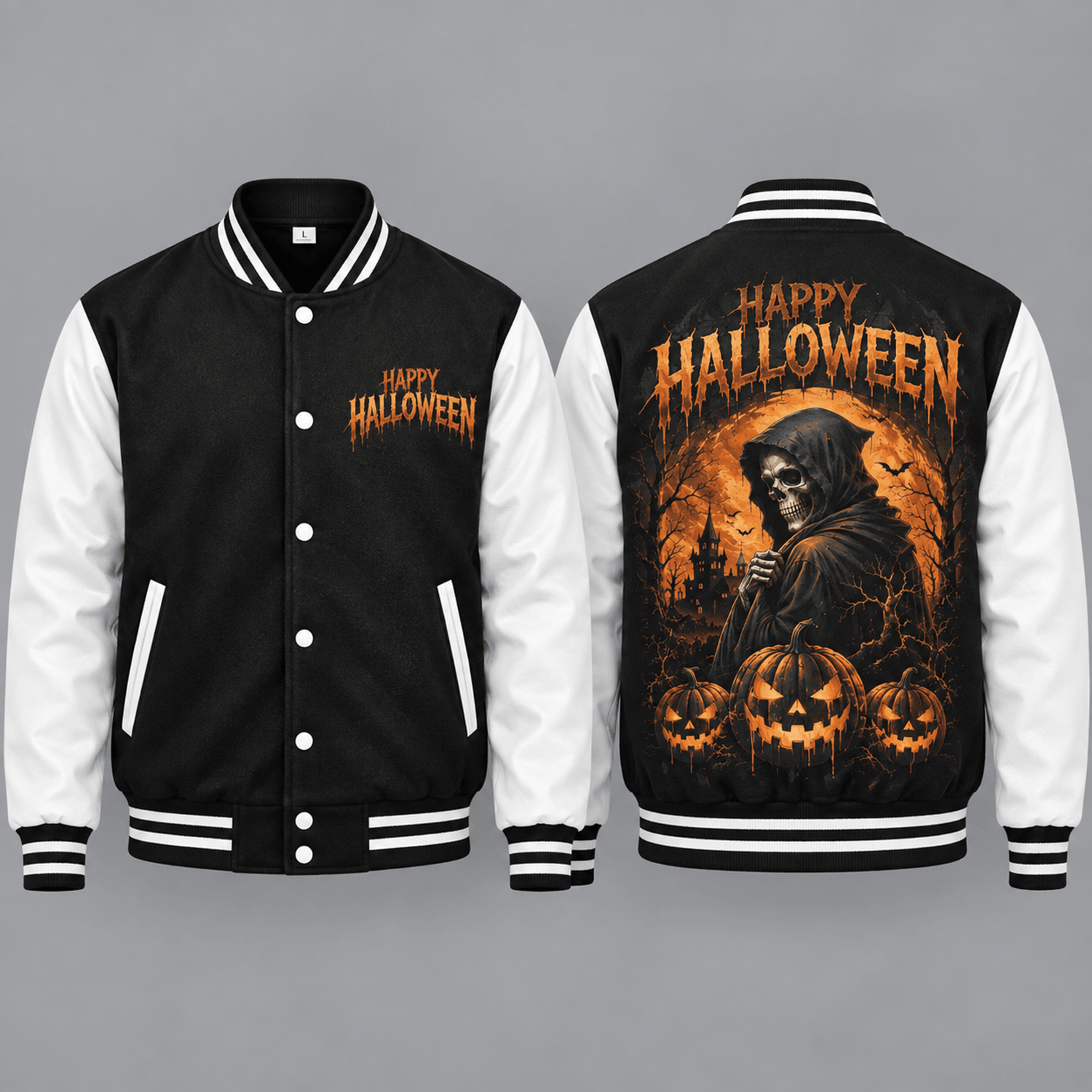 unisex happy halloween varsity jacket, grim reaper skull jack o lantern graphic, black white gothic horror jacket