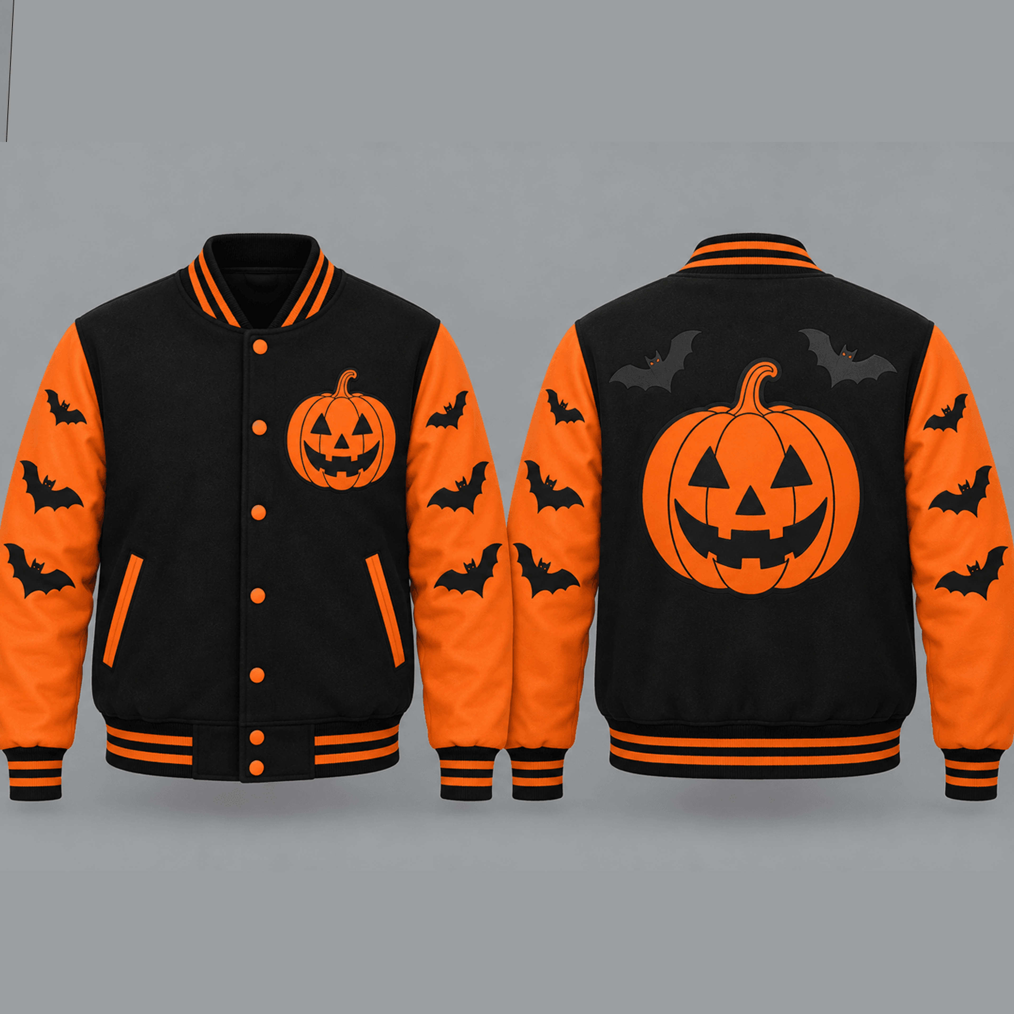 unisex halloween varsity jacket, jack o lantern pumpkin bat graphic, black orange spooky season jacket, halloween gift