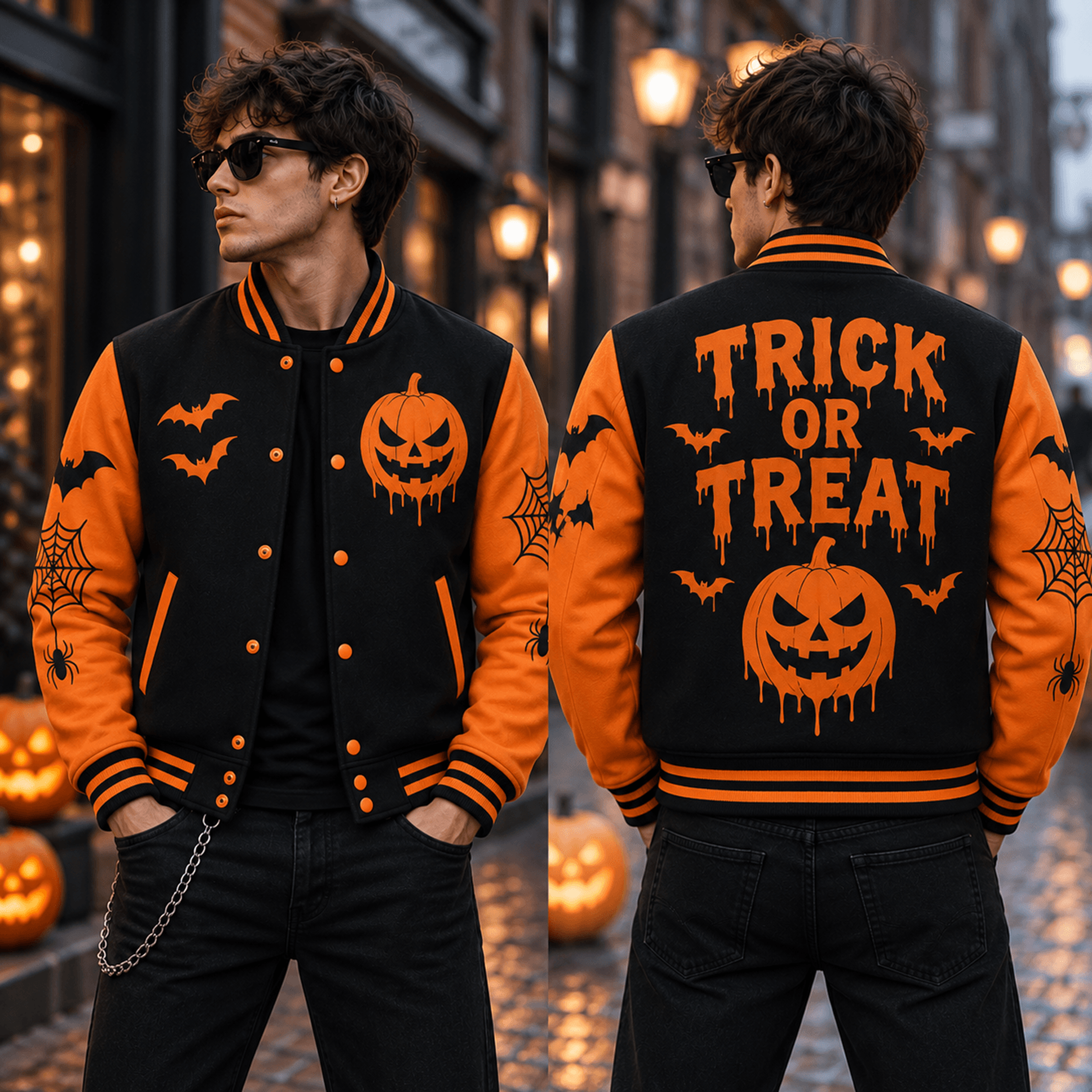 unisex trick or treat halloween varsity jacket, jack o lantern pumpkin bat spider web graphic, black orange spooky jacke
