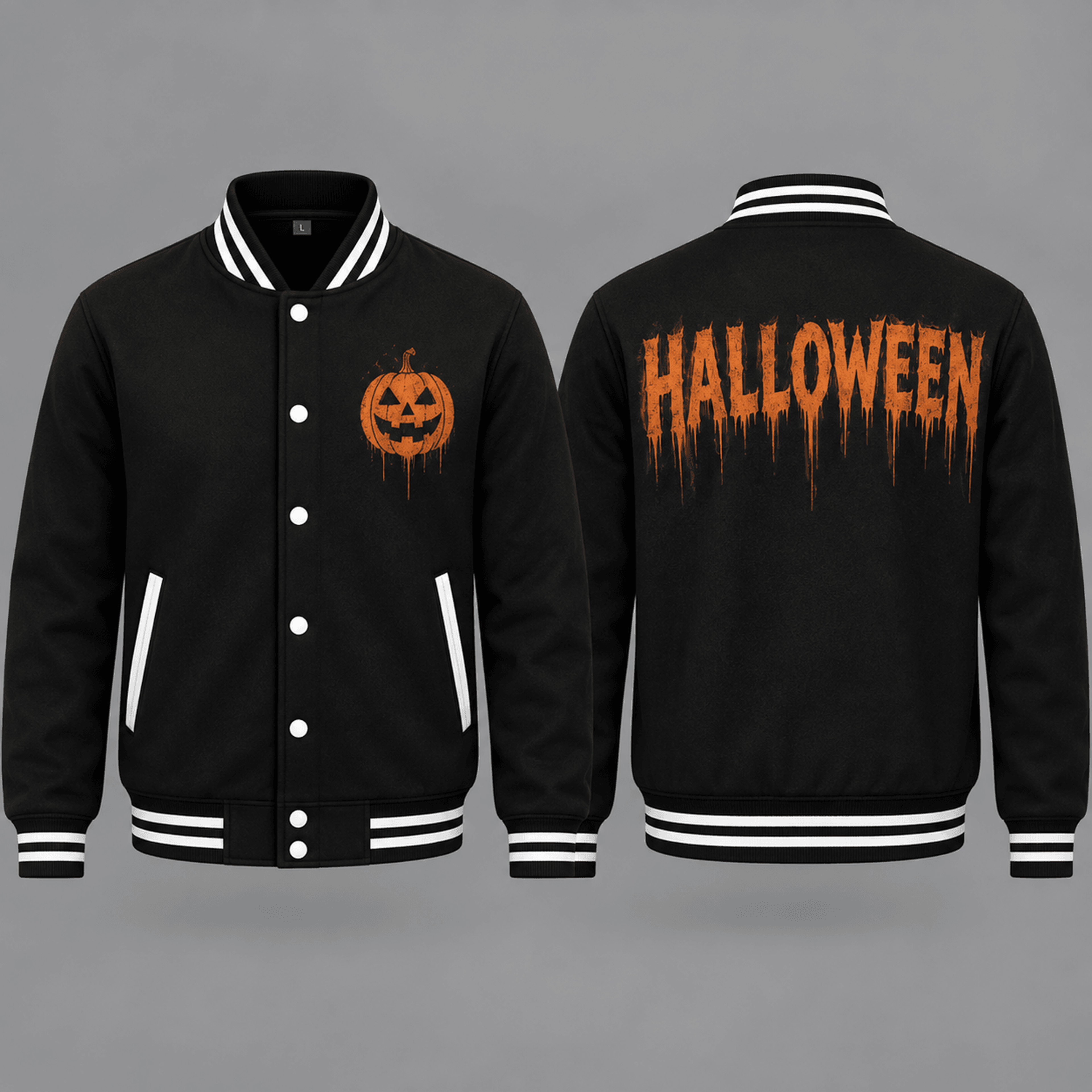 unisex halloween varsity jacket, dripping halloween text jack o lantern graphic, black orange spooky season jacket
