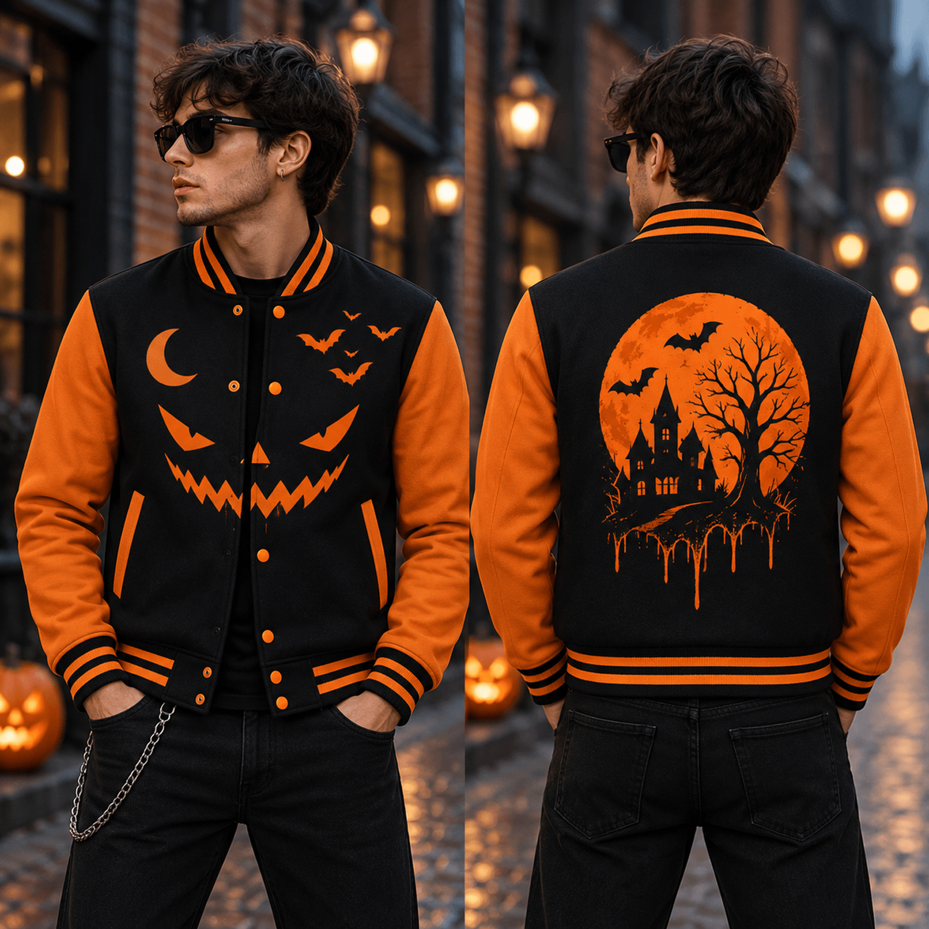 unisex halloween varsity jacket, haunted house pumpkin face bat moon graphic, black orange spooky season jacket