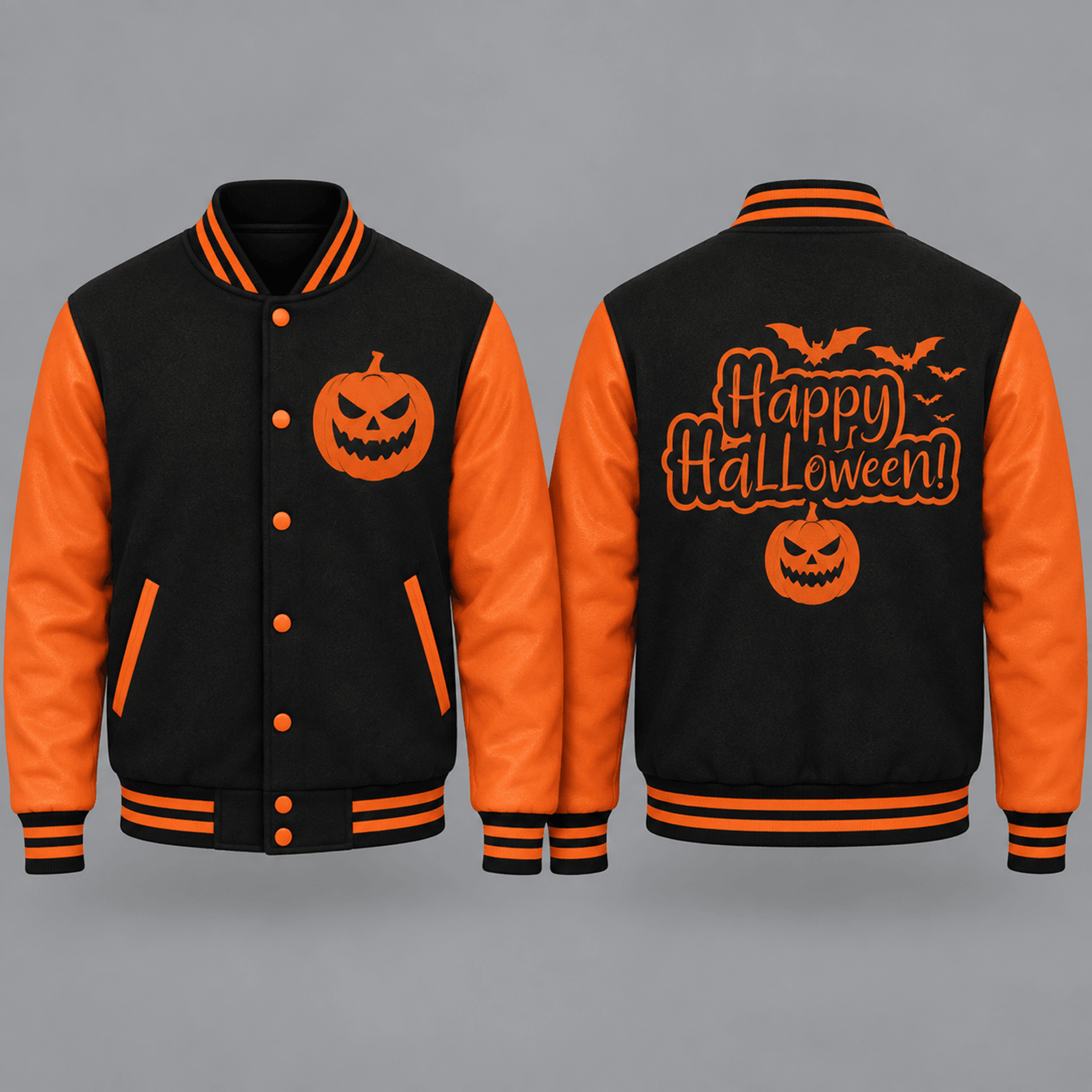 unisex happy halloween varsity jacket, jack o lantern pumpkin bat graphic, black orange spooky season jacket