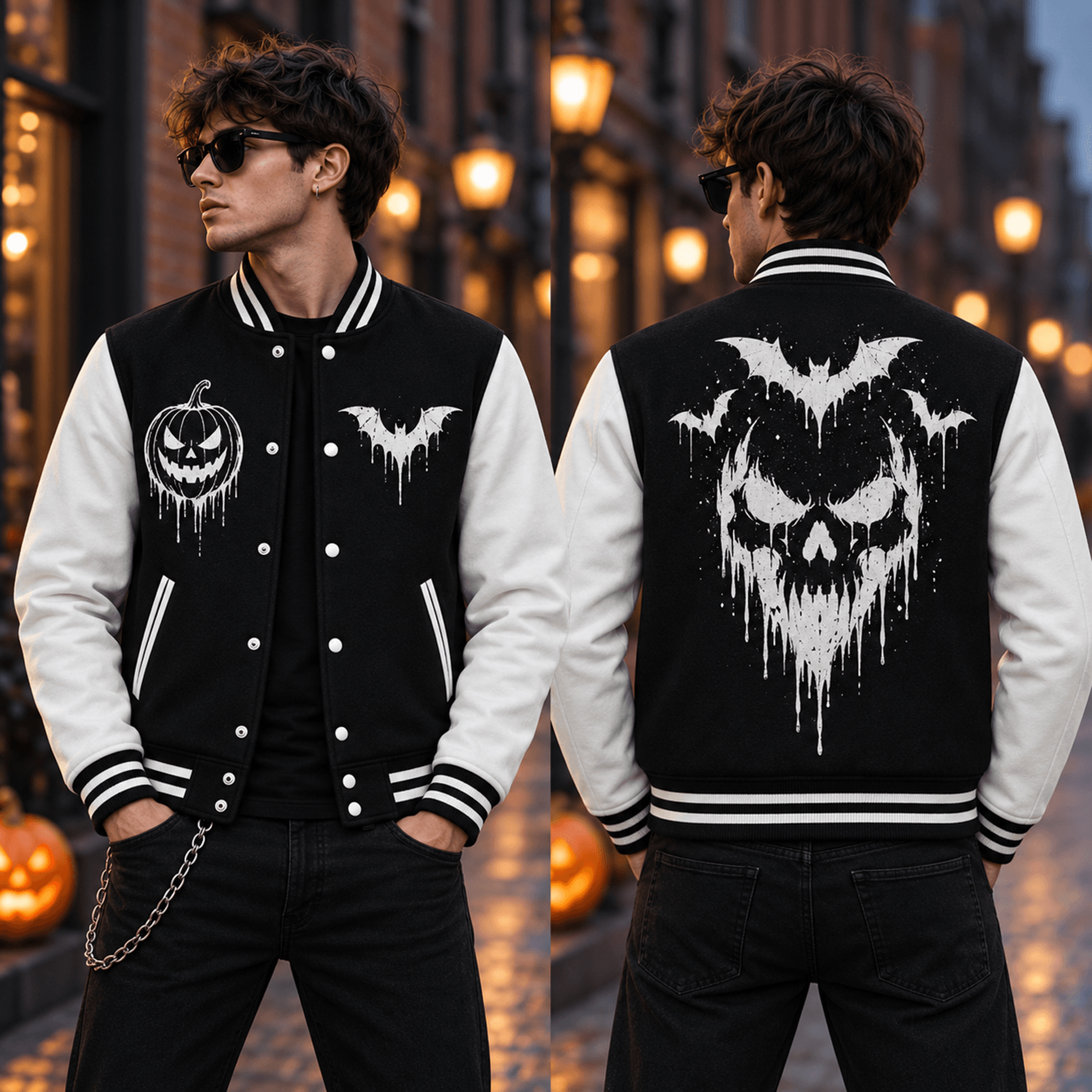 unisex halloween varsity jacket, dripping skull bat pumpkin graphic, black white gothic spooky season jacket