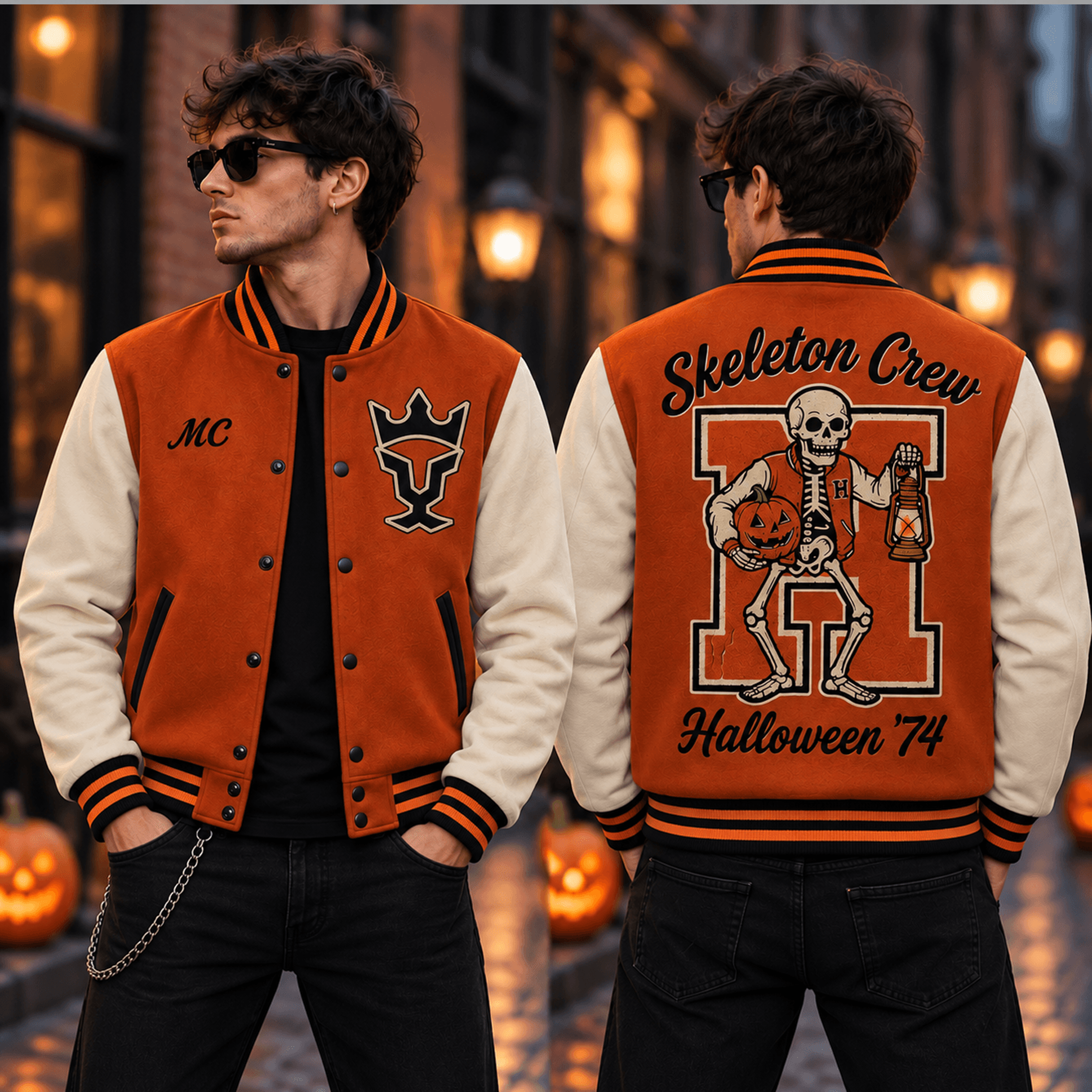 personalized unisex halloween varsity jacket, skeleton crew pumpkin graphic, custom initials year spooky jacket