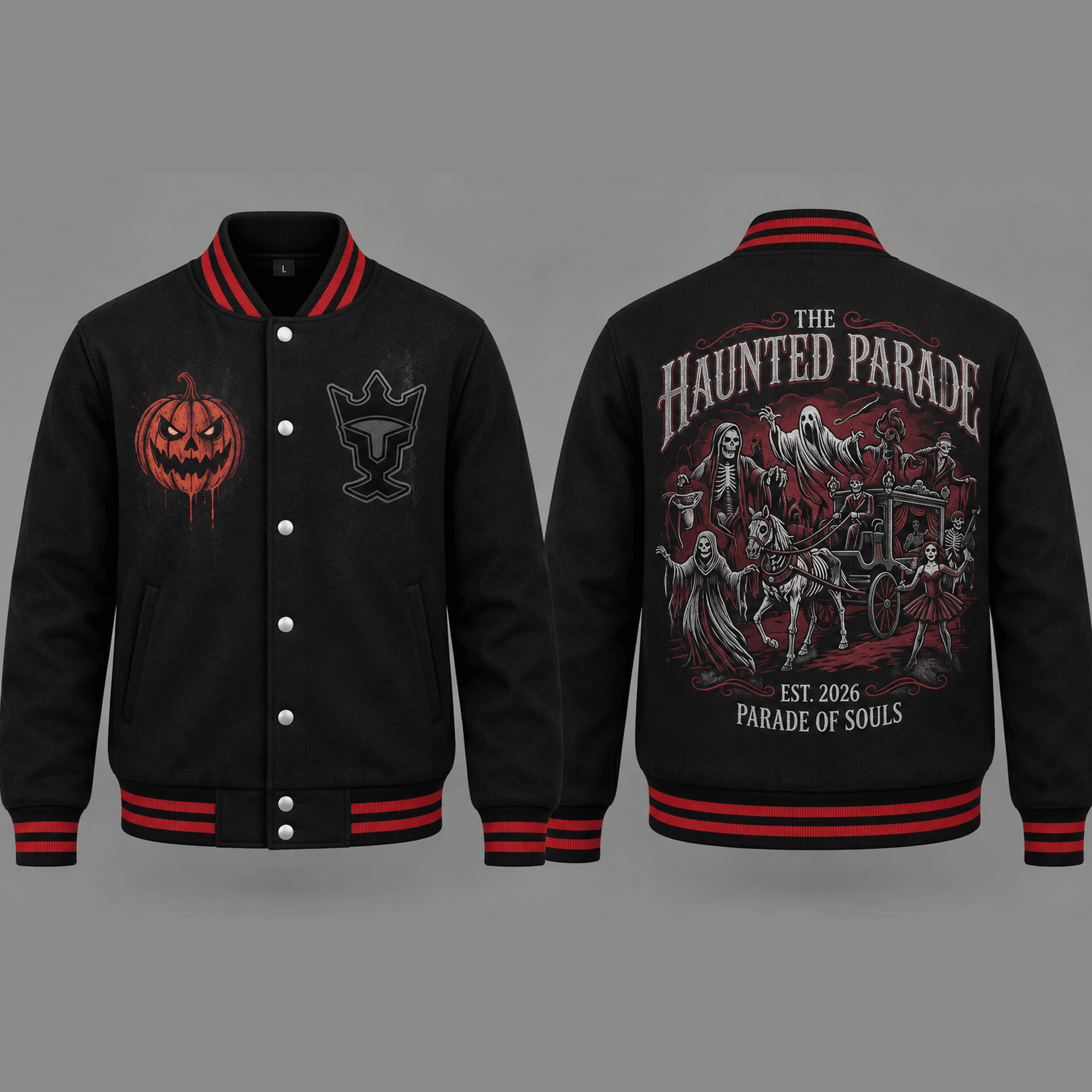 unisex haunted parade halloween varsity jacket, ghost skeleton pumpkin graphic, black red gothic spooky jacket