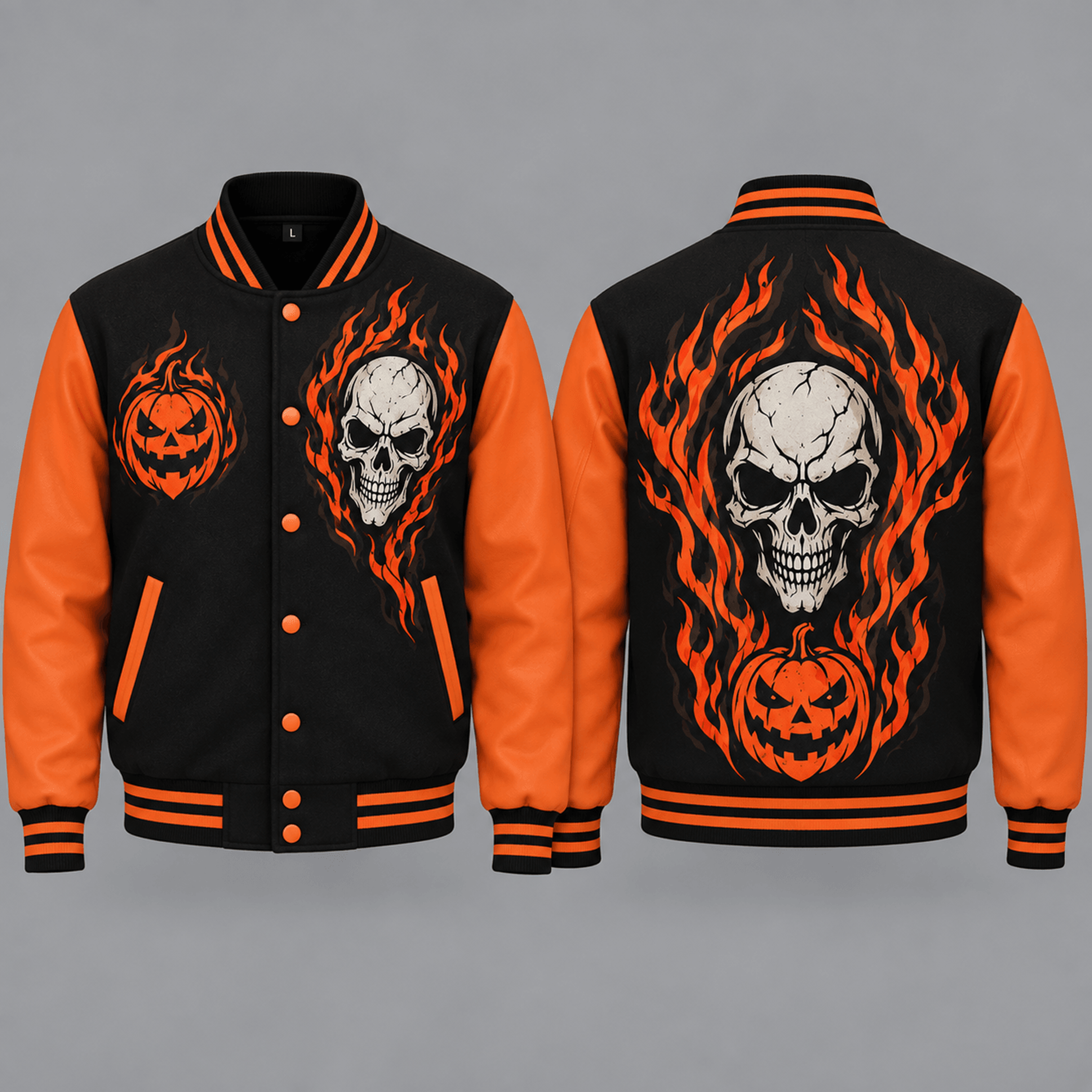 unisex halloween varsity jacket, flaming skull jack o lantern graphic, black orange gothic spooky season jacket