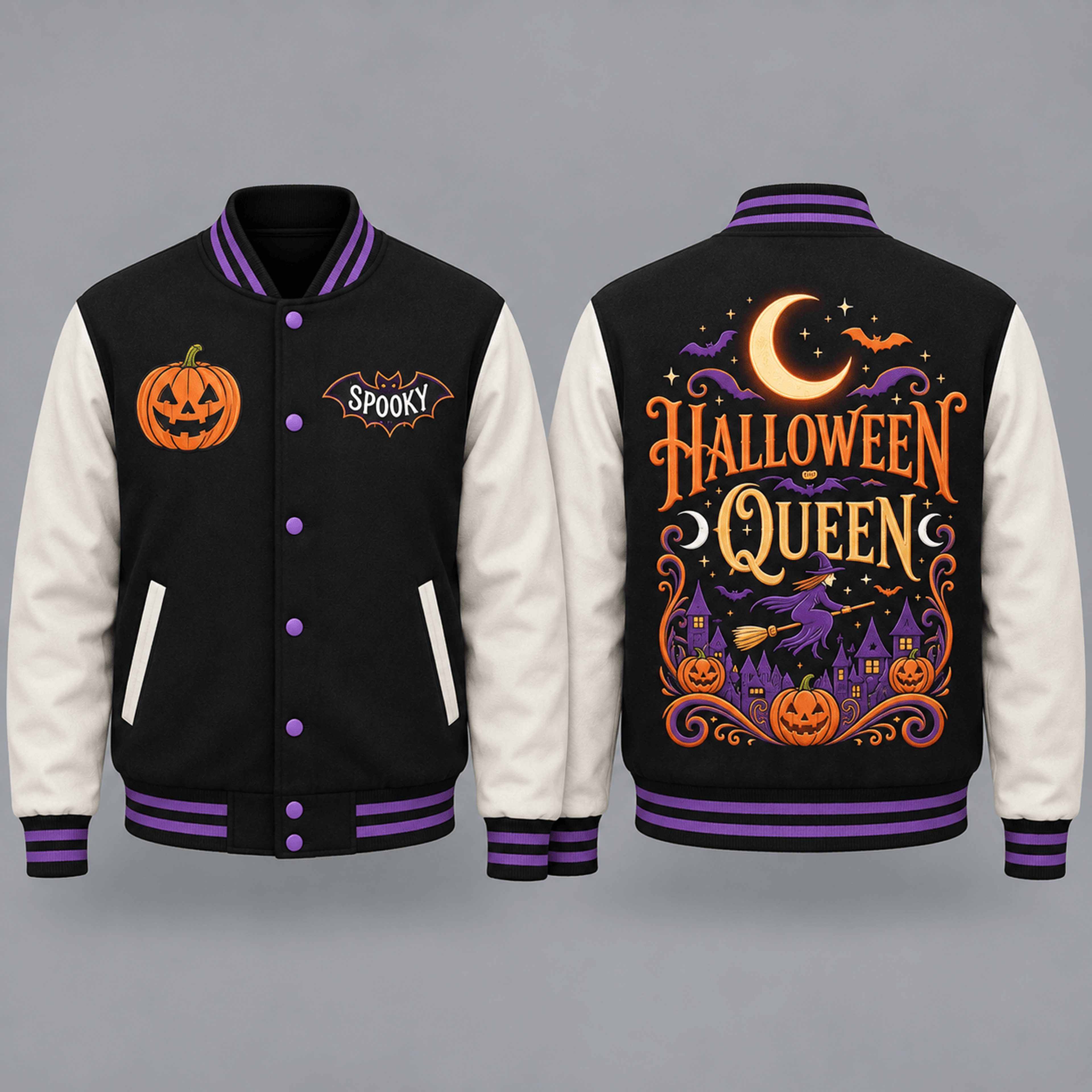 unisex halloween varsity jacket, halloween queen witch pumpkin bat graphic, black purple spooky season jacket
