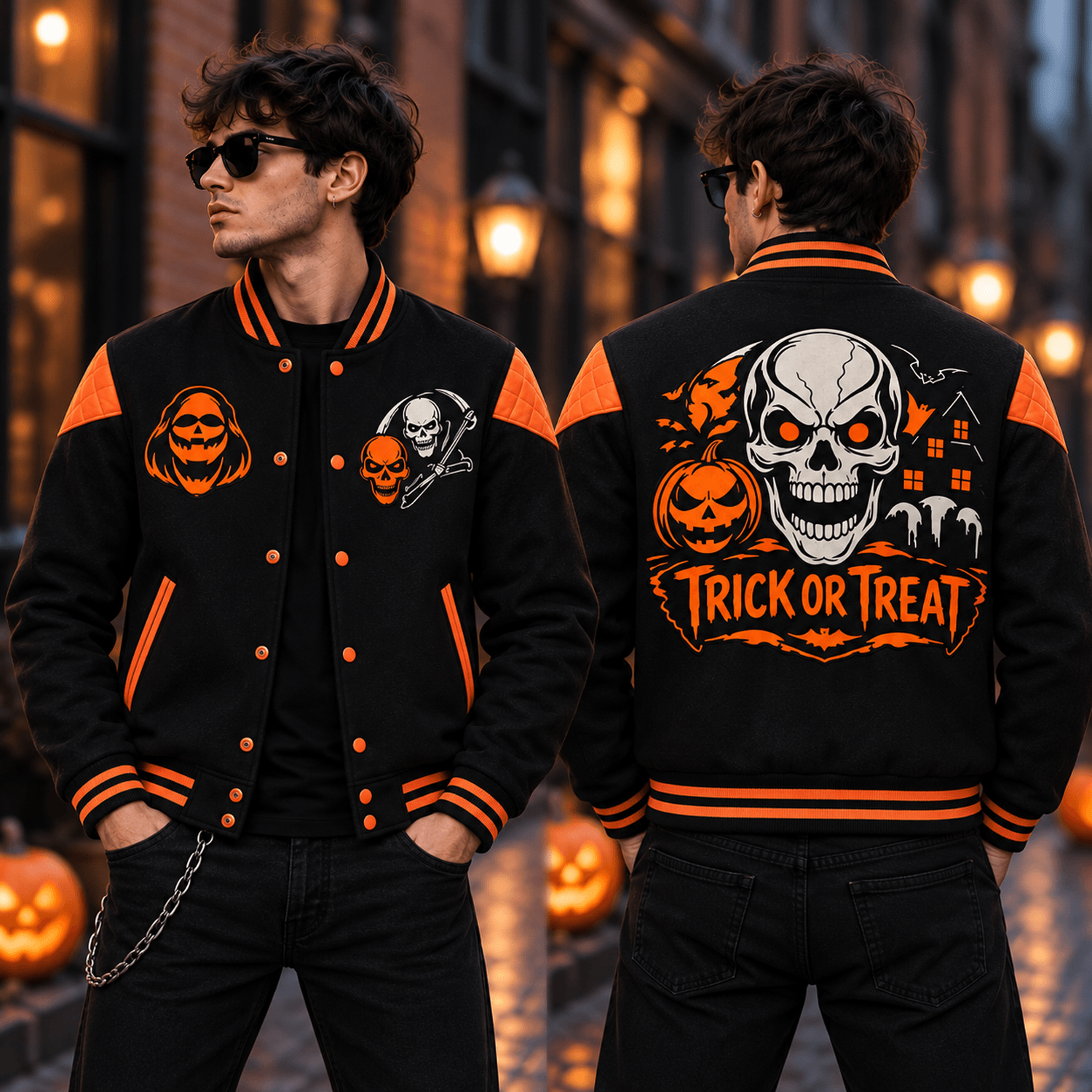 unisex trick or treat varsity jacket, skull pumpkin haunted house graphic, black orange halloween jacket, spooky gift