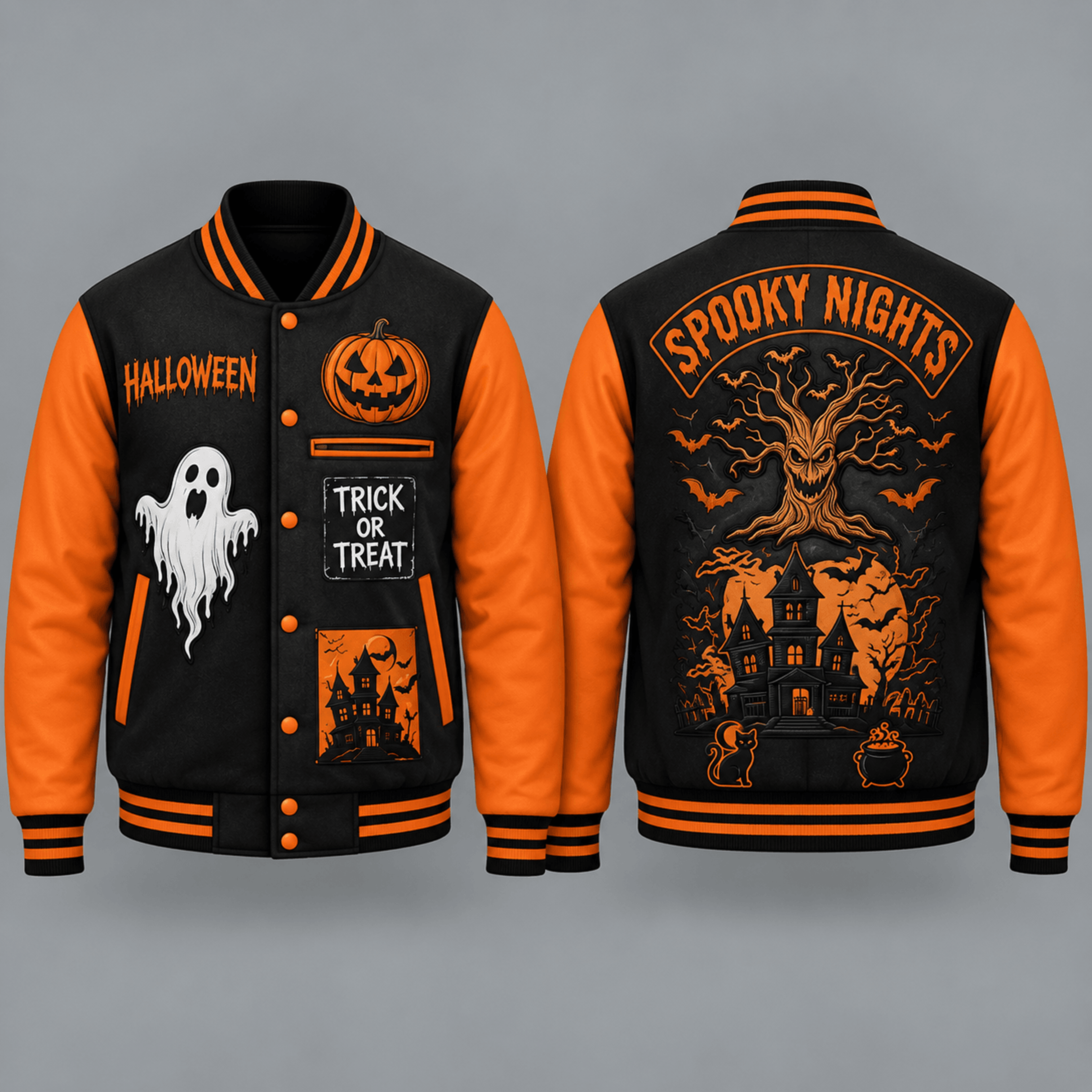 unisex spooky nights halloween varsity jacket, haunted house ghost pumpkin tree graphic, black orange halloween jacket