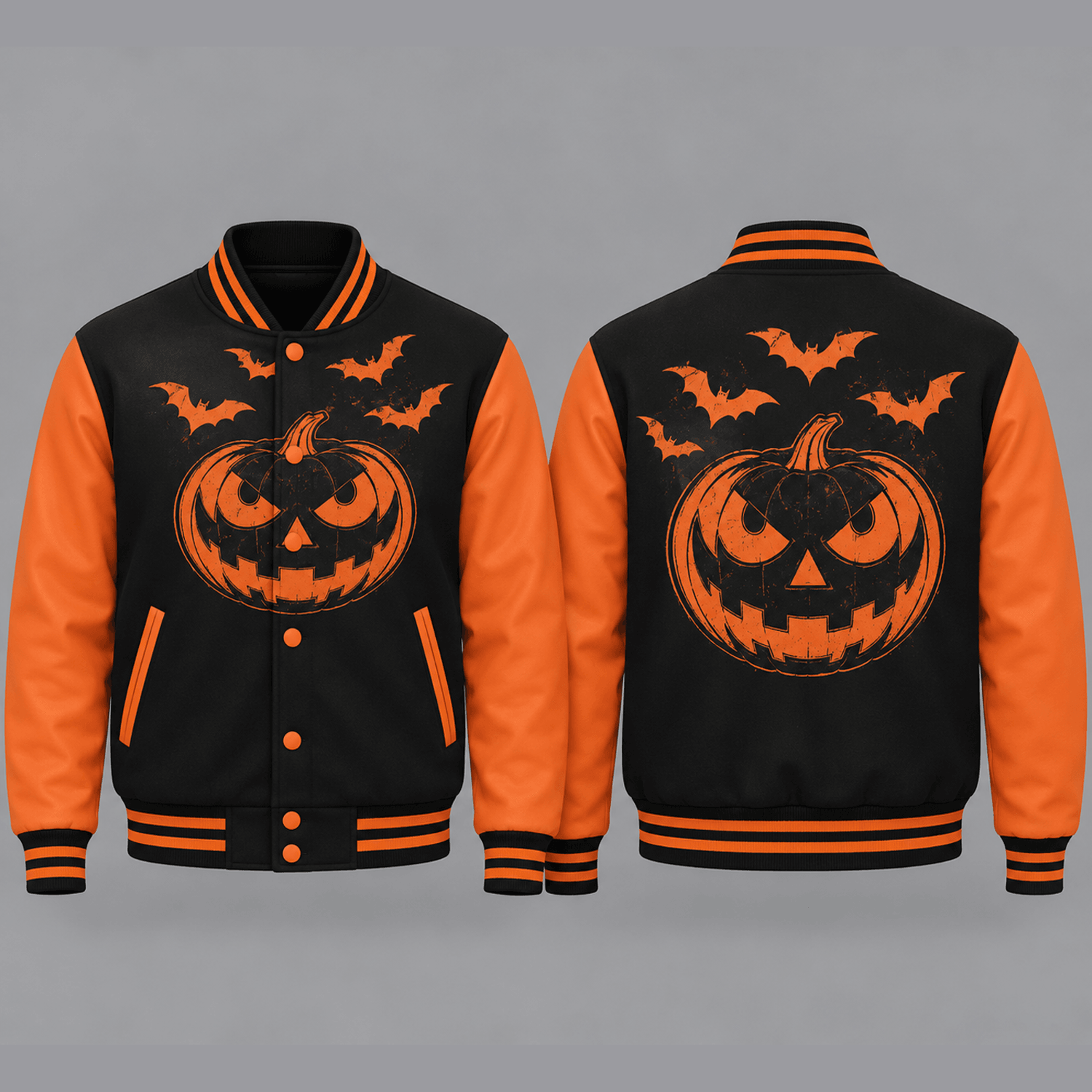 unisex halloween varsity jacket, angry jack o lantern pumpkin bat graphic, black orange spooky season jacket
