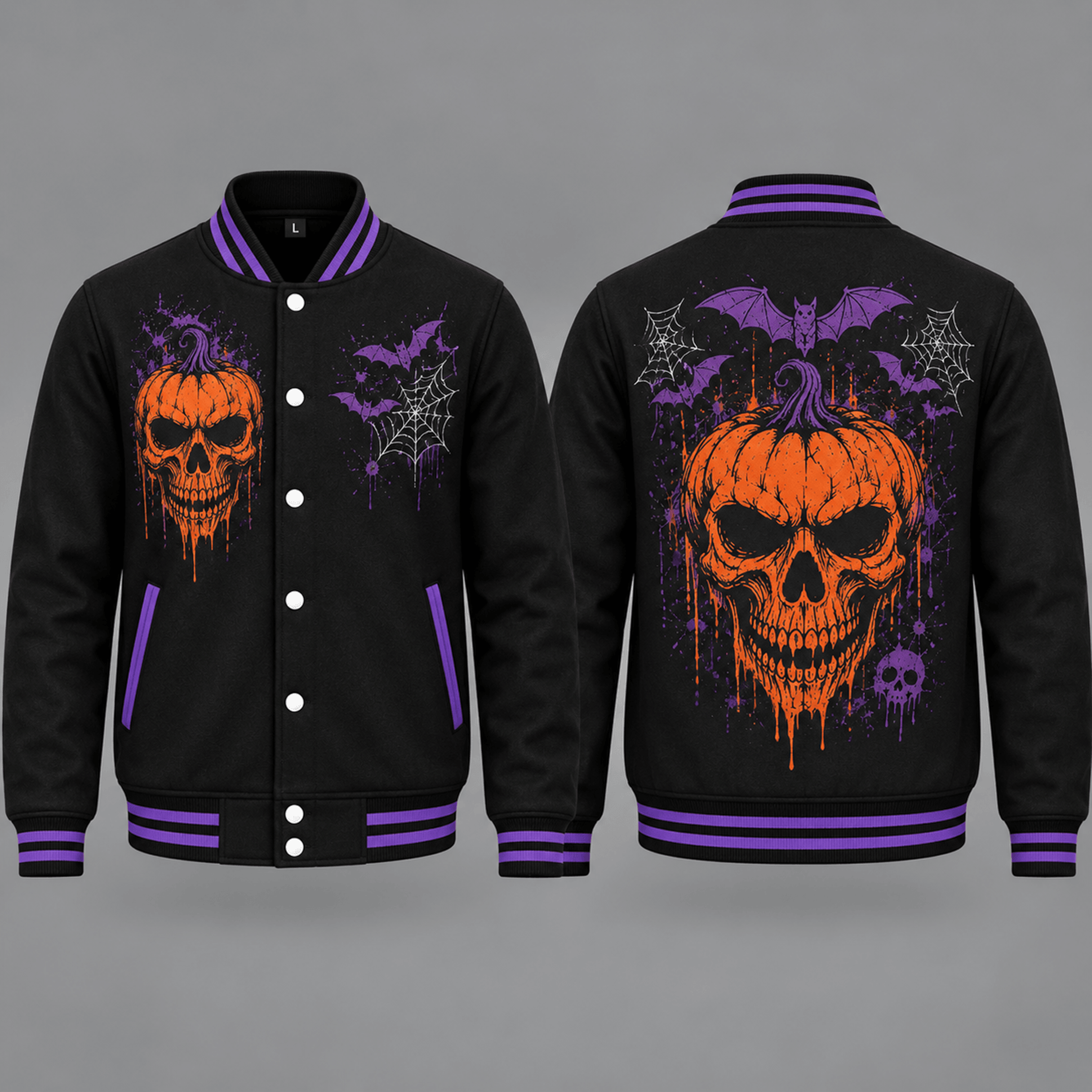 unisex halloween varsity jacket, pumpkin skull bat spider web graphic, black purple gothic spooky season jacket