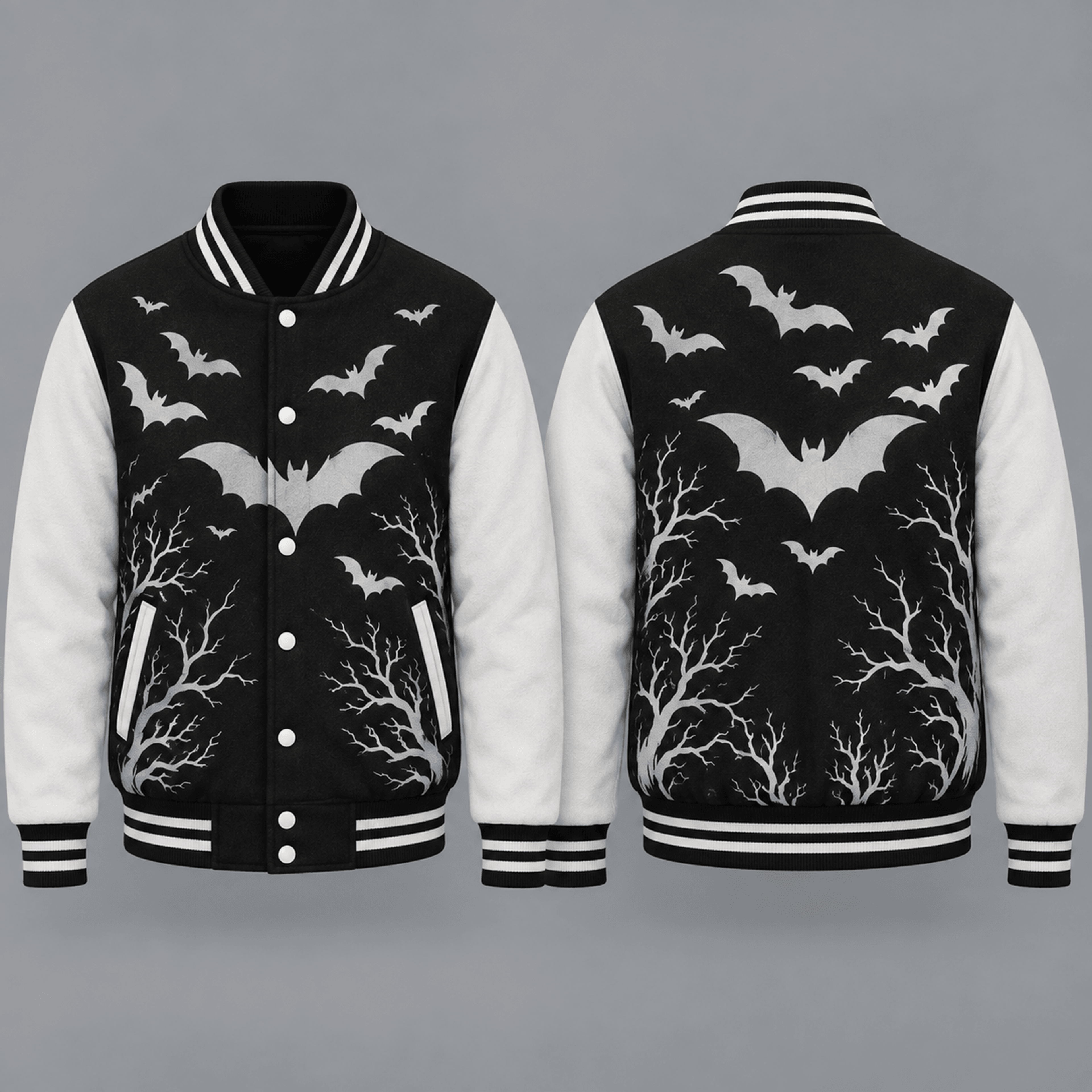 unisex halloween varsity jacket, flying bat bare tree graphic, black white gothic spooky night jacket, halloween gift