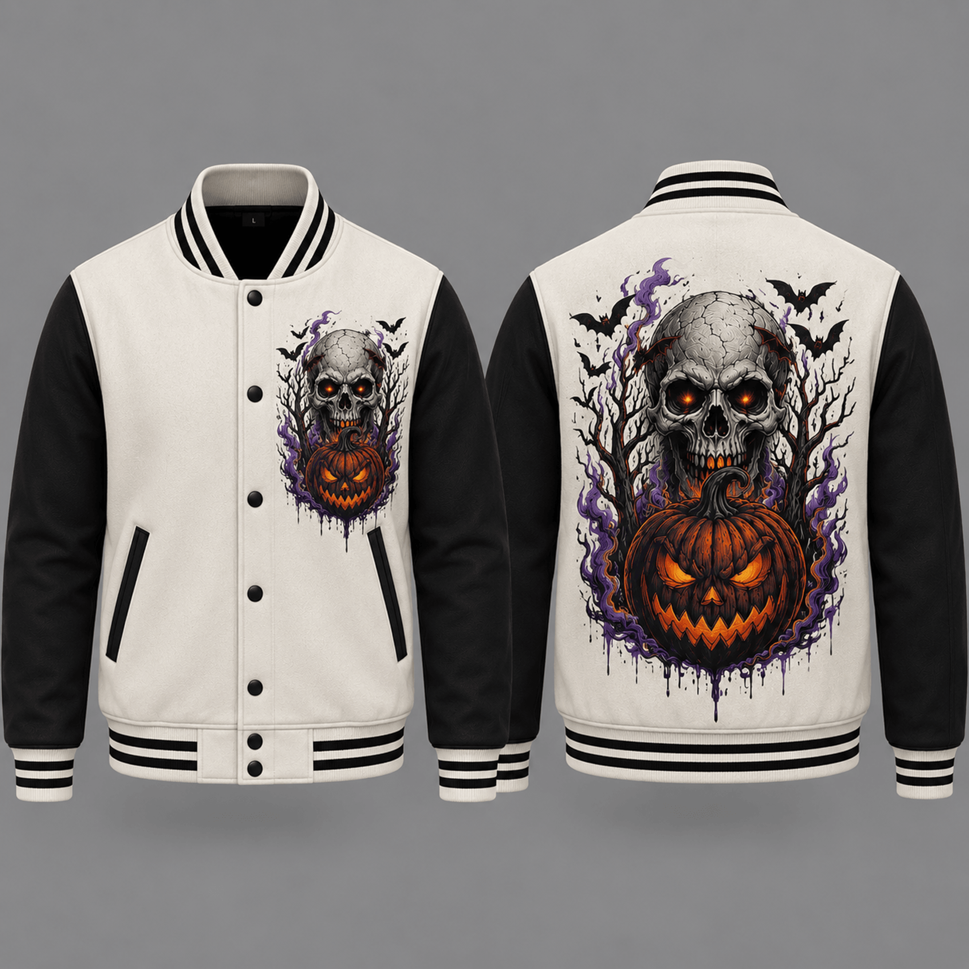 unisex halloween varsity jacket, skull jack o lantern pumpkin graphic, gothic bat horror spooky season jacket