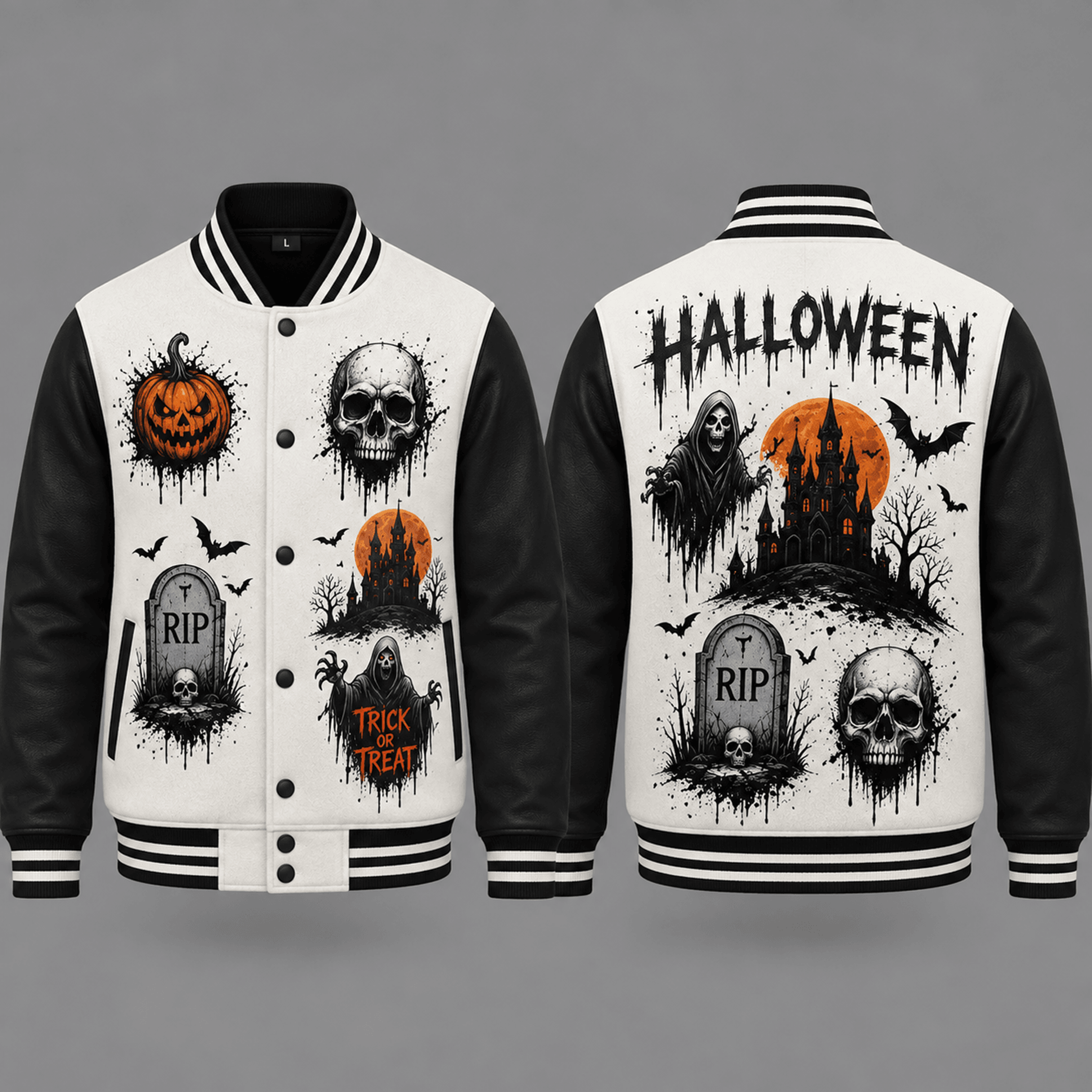 unisex halloween varsity jacket, grim reaper skull haunted castle pumpkin graphic, gothic spooky season jacket