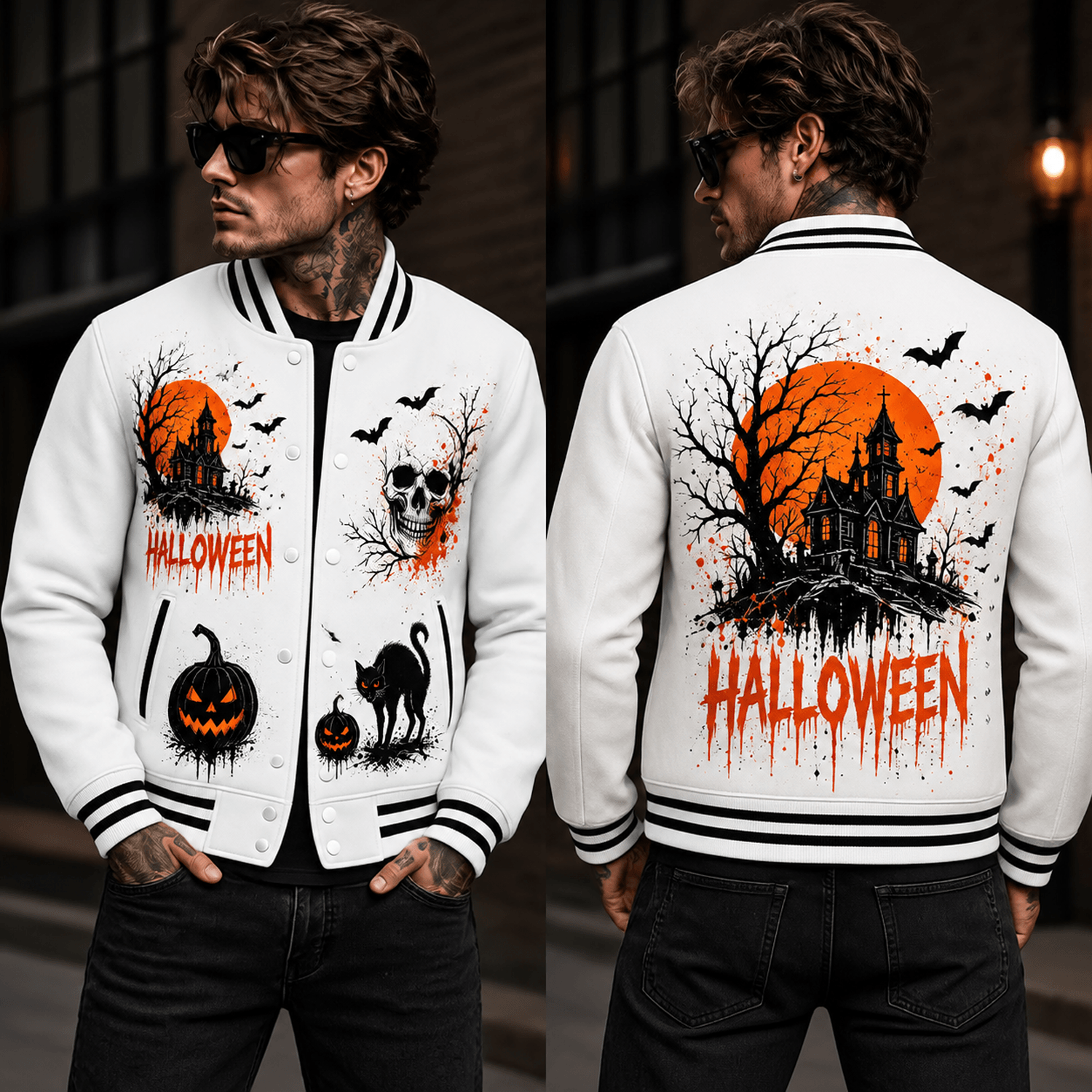 unisex halloween varsity jacket, haunted house skull black cat pumpkin graphic, white gothic spooky season jacket