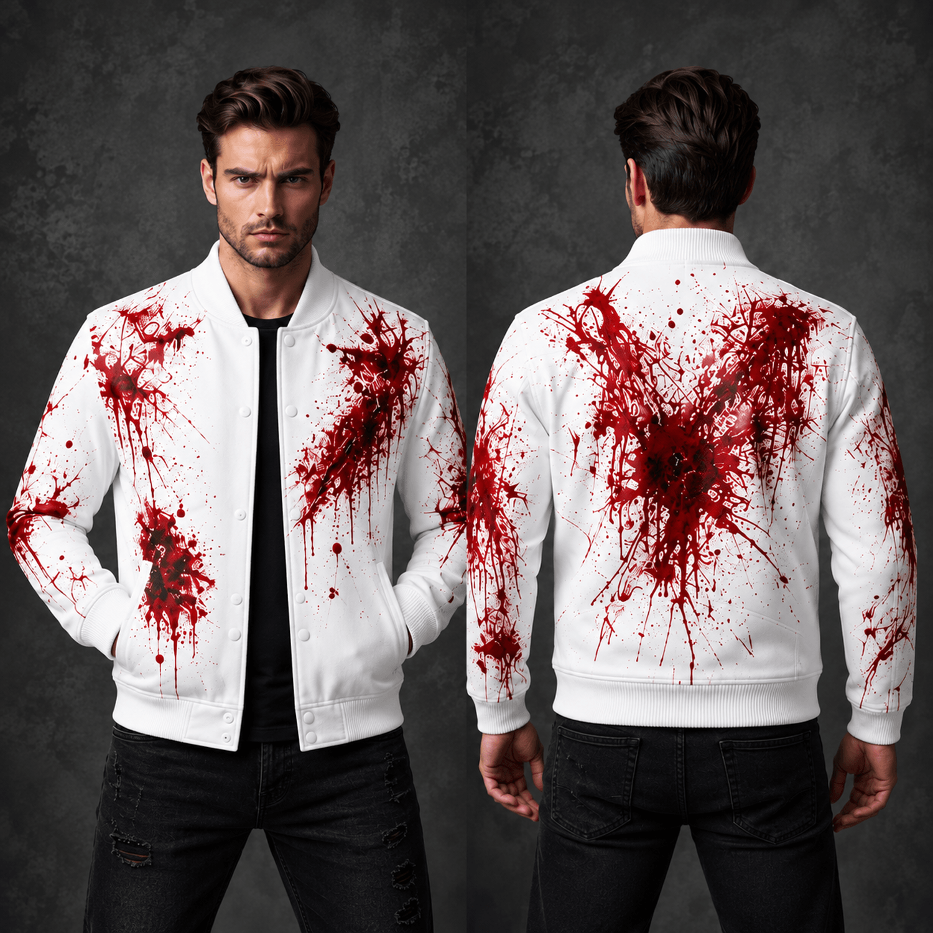 unisex gothic varsity jacket, red blood splatter graphic, white horror streetwear jacket, dark halloween style