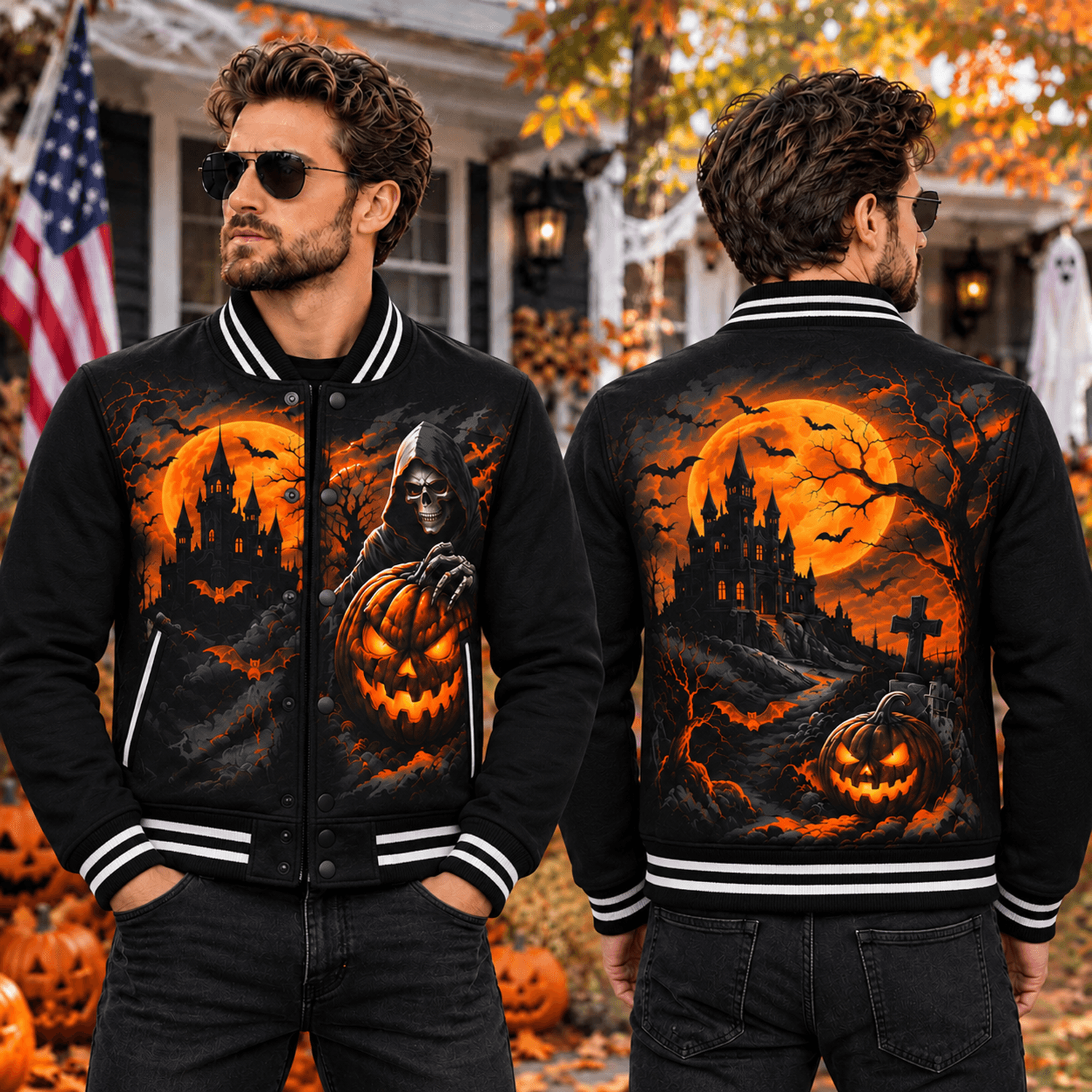 unisex halloween varsity jacket, grim reaper pumpkin haunted castle graphic, black orange spooky gothic jacket