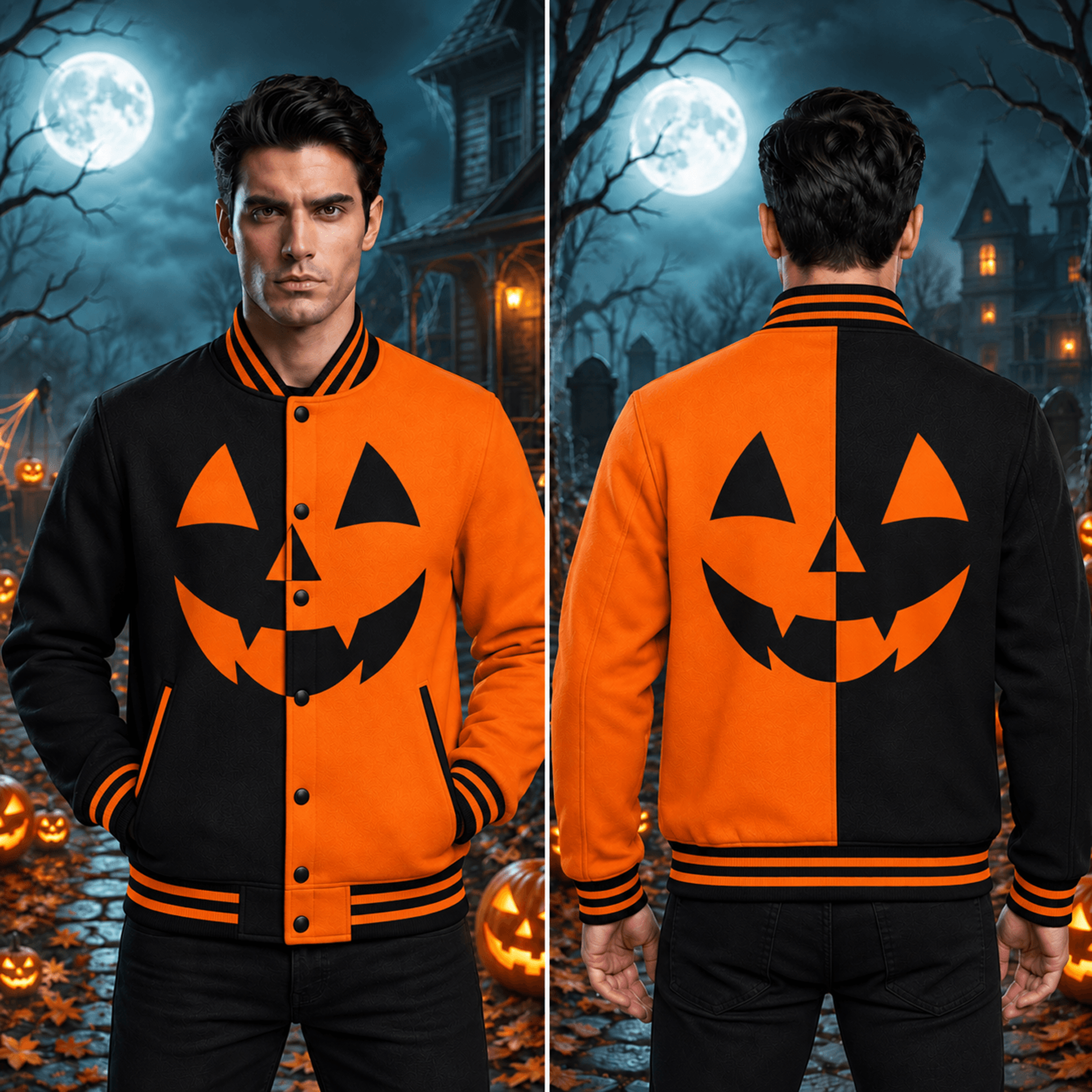 unisex halloween varsity jacket, jack o lantern pumpkin face graphic, black orange spooky season jacket, halloween gift