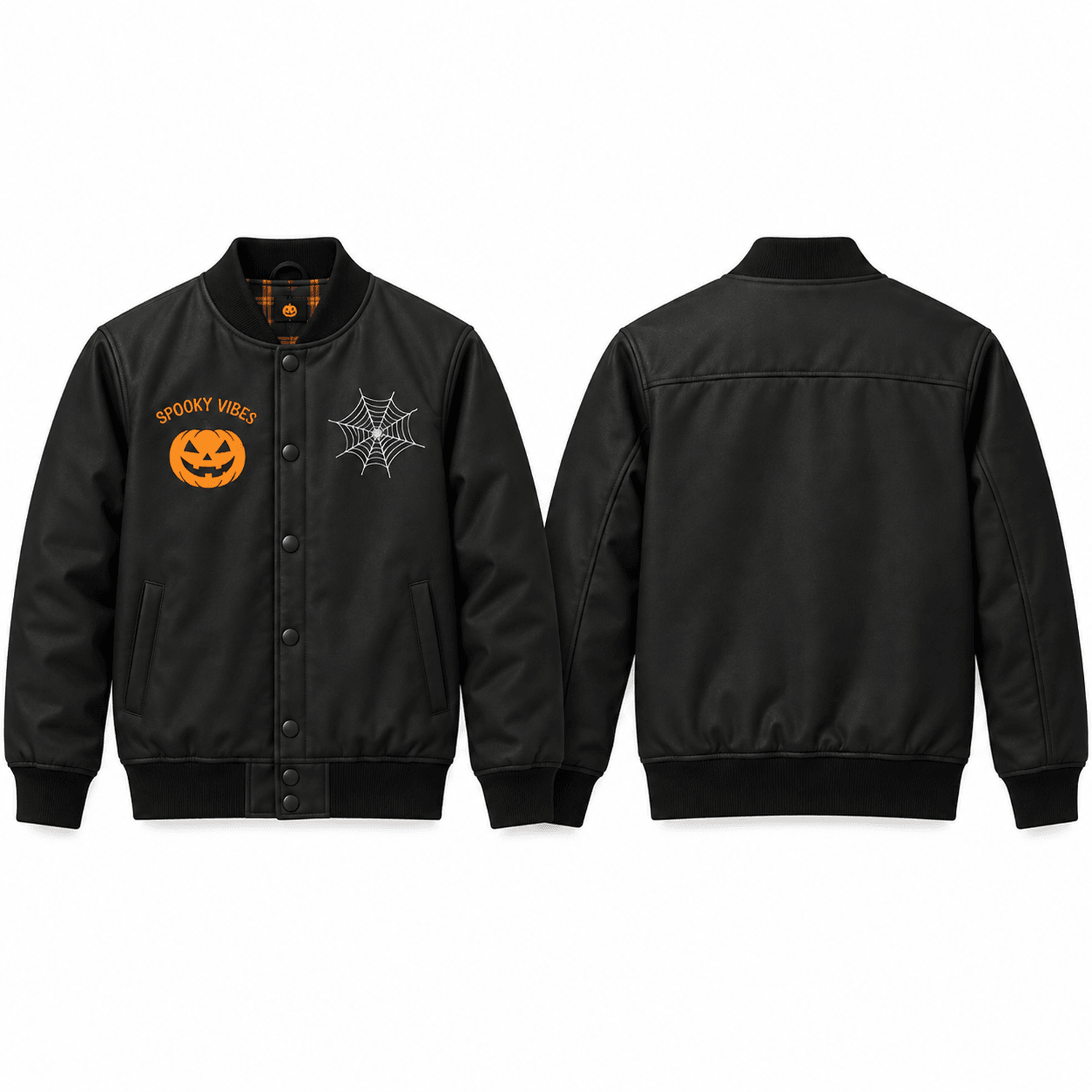 unisex halloween varsity jacket, spooky vibes pumpkin spider web graphic, black minimal halloween jacket