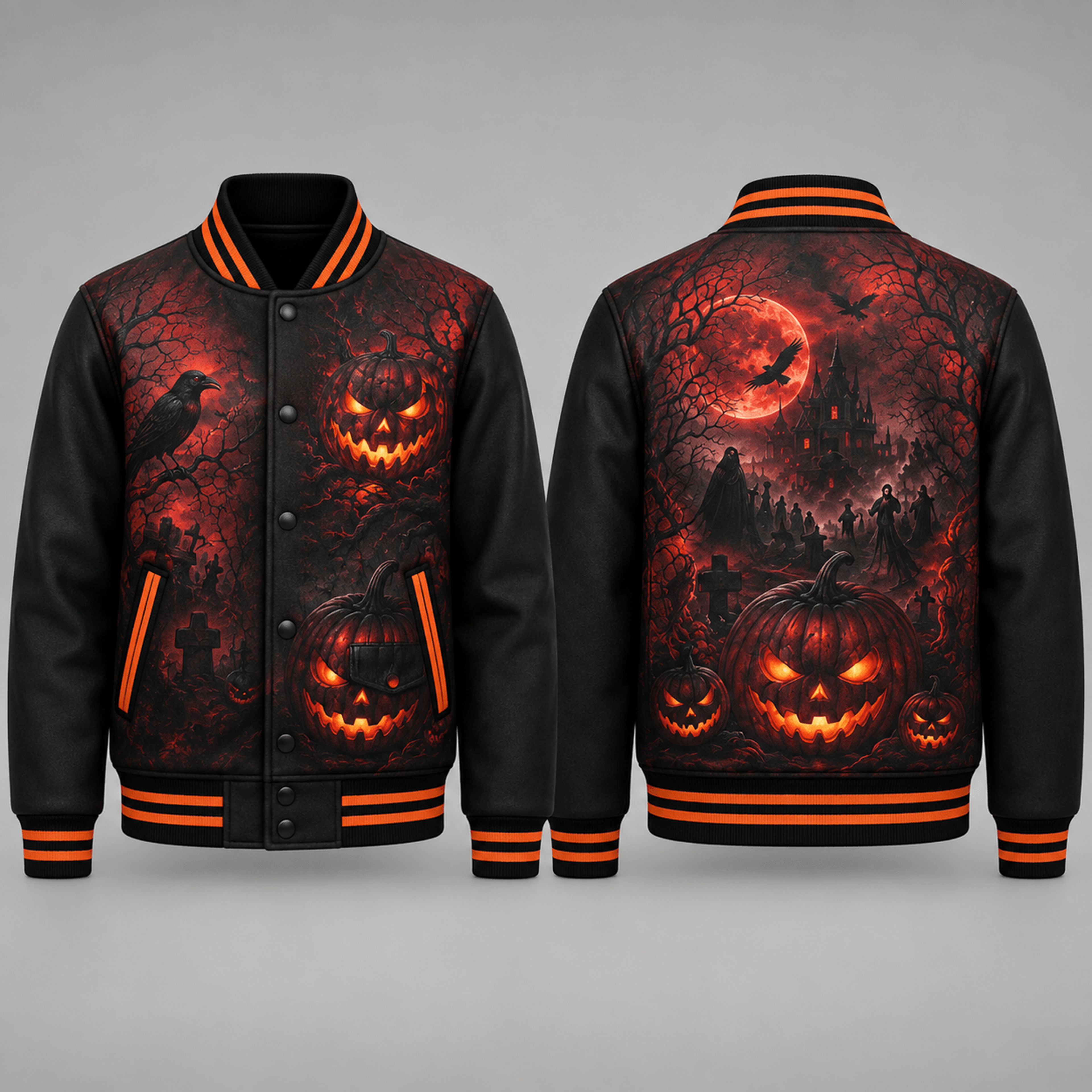 halloween pumpkin varsity jacket, gothic haunted castle raven printed jacket, spooky jack o lantern horror gift