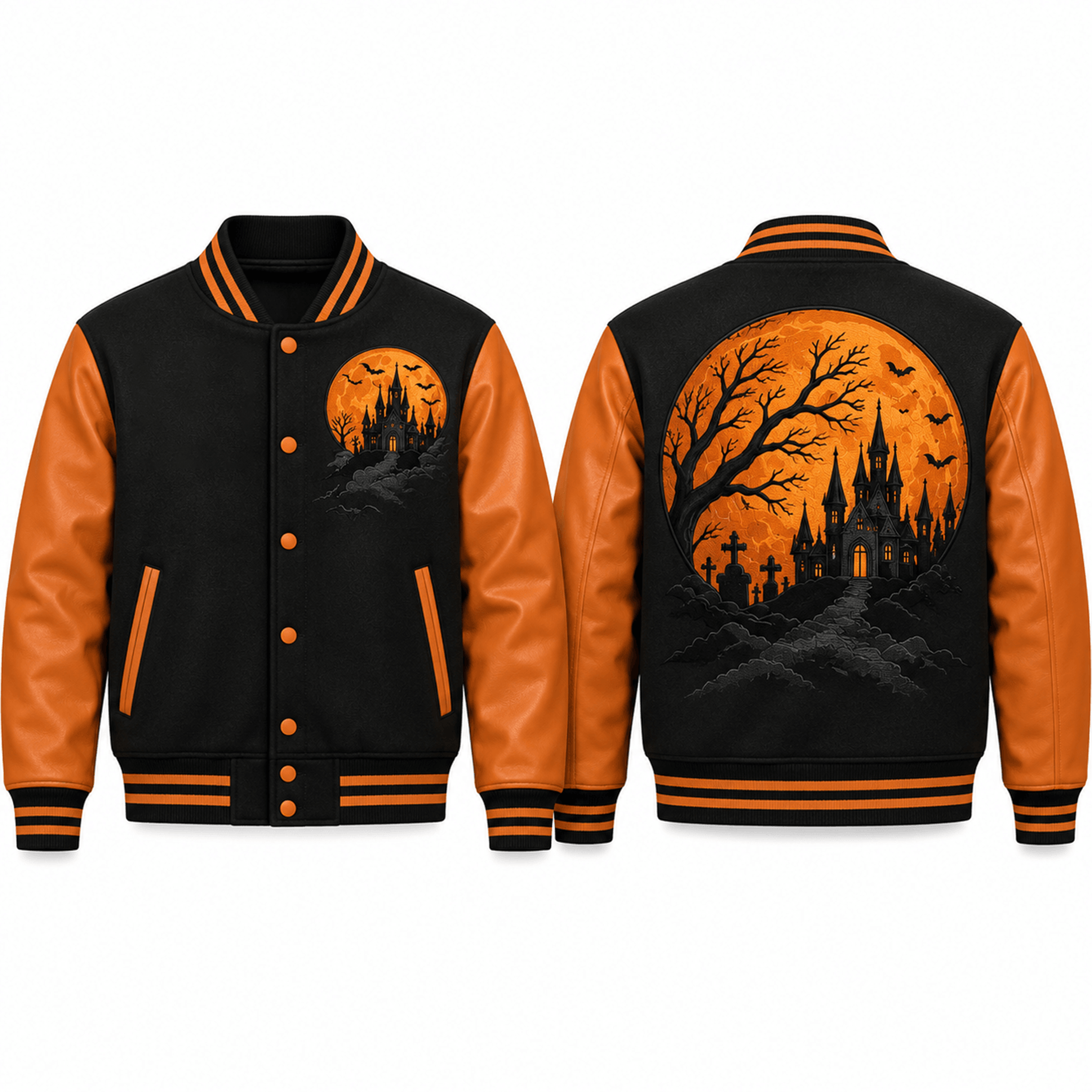 unisex halloween haunted castle varsity jacket, orange moon gothic printed jacket, spooky graveyard gift for adults