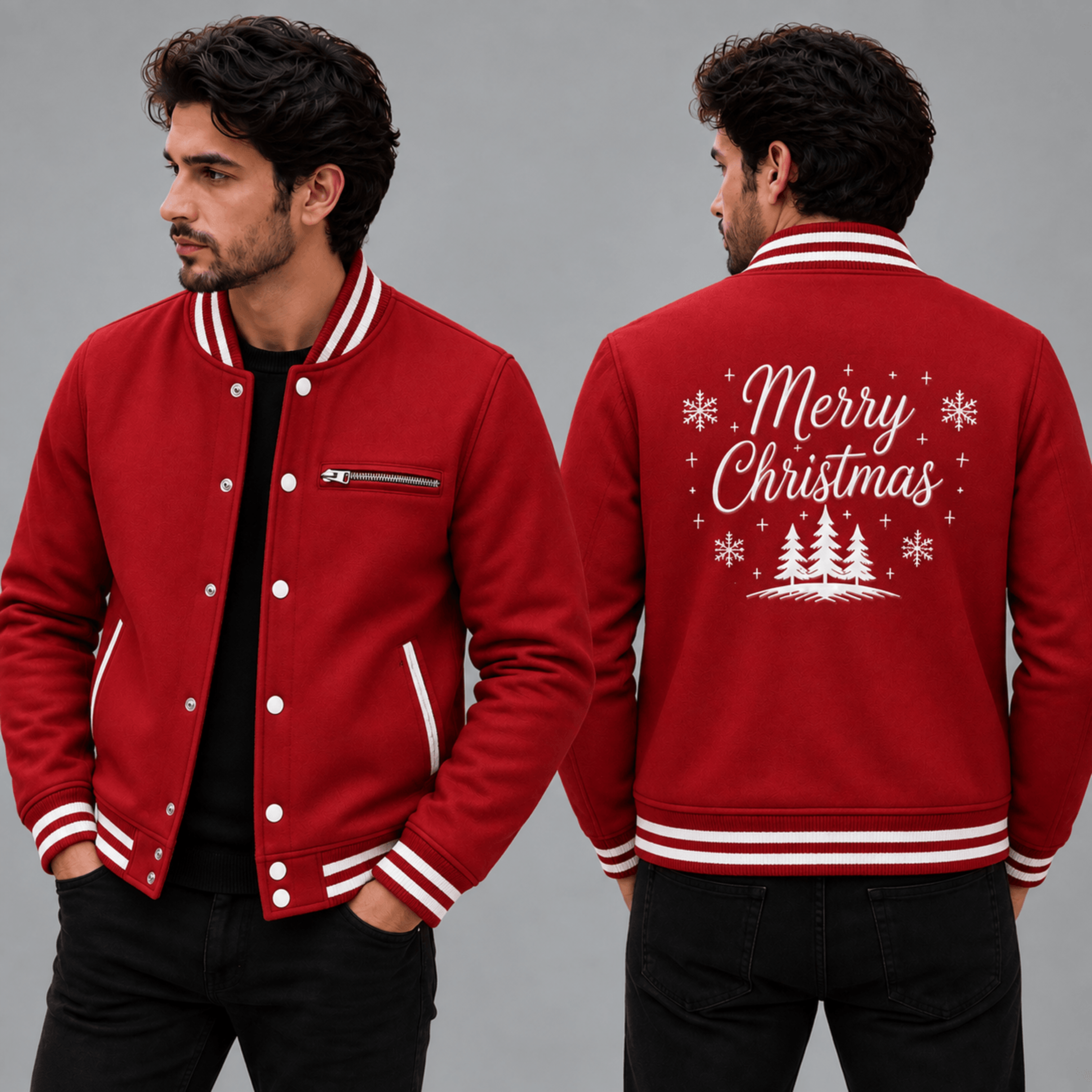 unisex merry christmas varsity jacket, red holiday tree snowflake printed jacket, festive christmas gift for adults