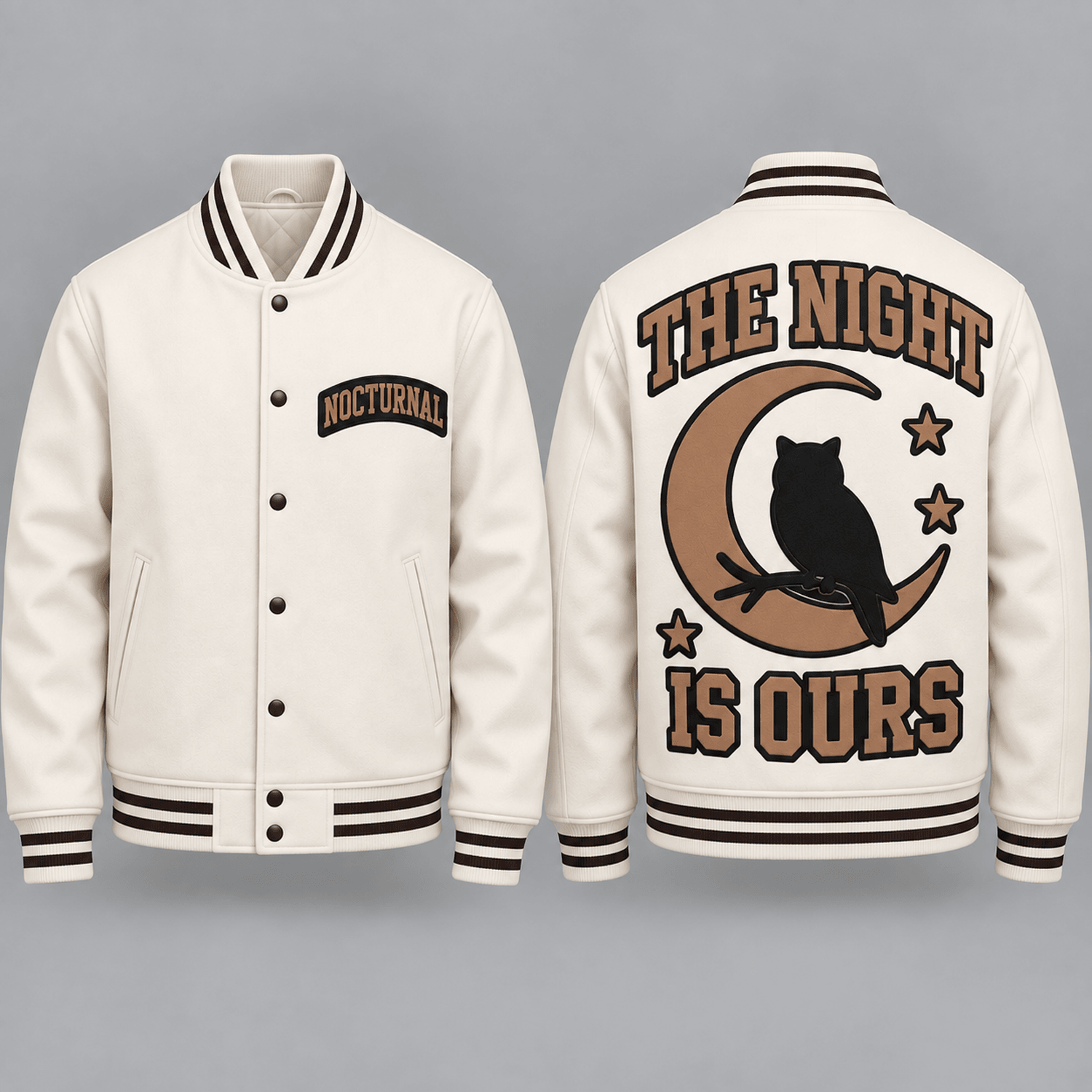 unisex nocturnal owl varsity jacket, the night is ours moon printed jacket, gothic celestial gift for adults