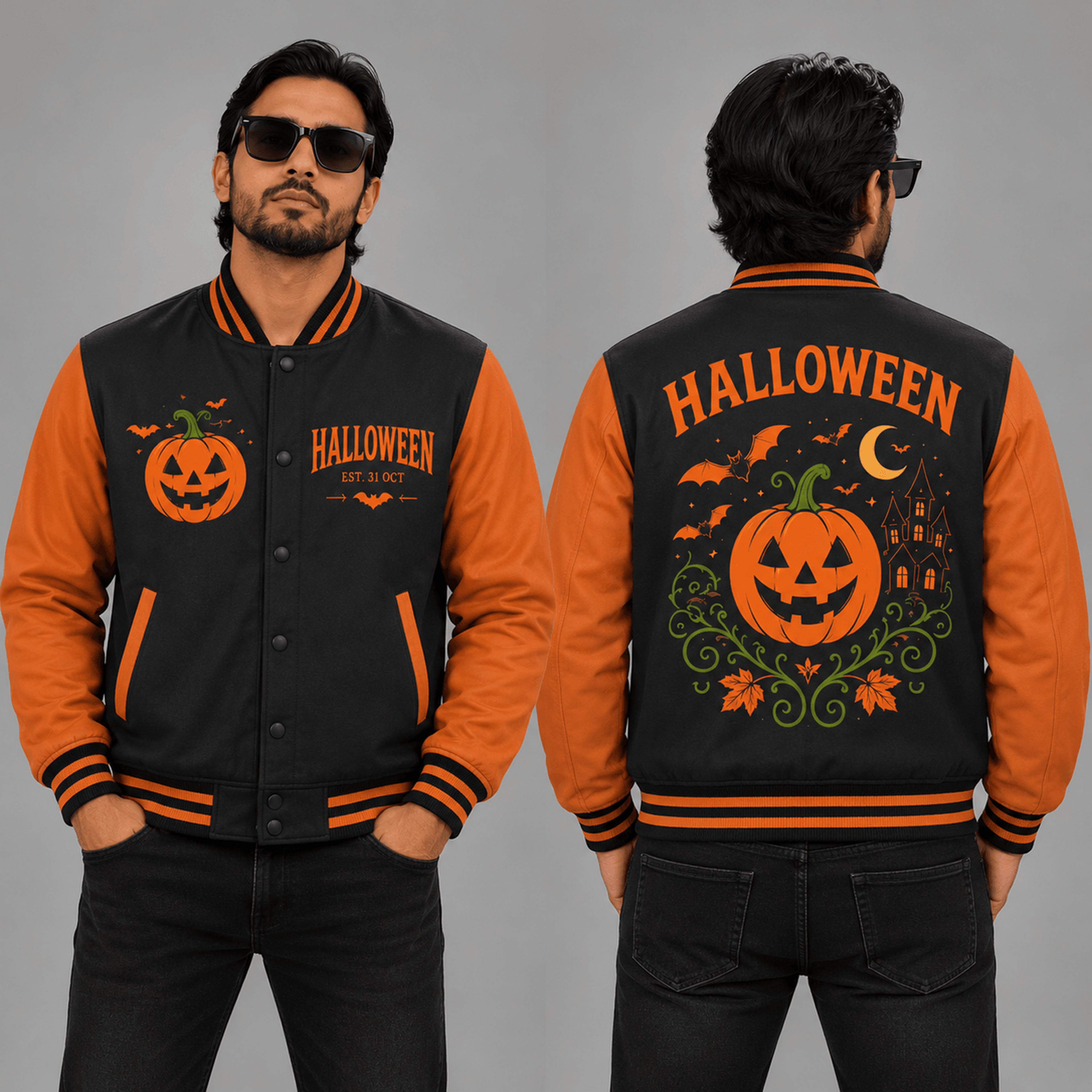 unisex halloween pumpkin varsity jacket, jack o lantern bat haunted house printed jacket, spooky gift for adults