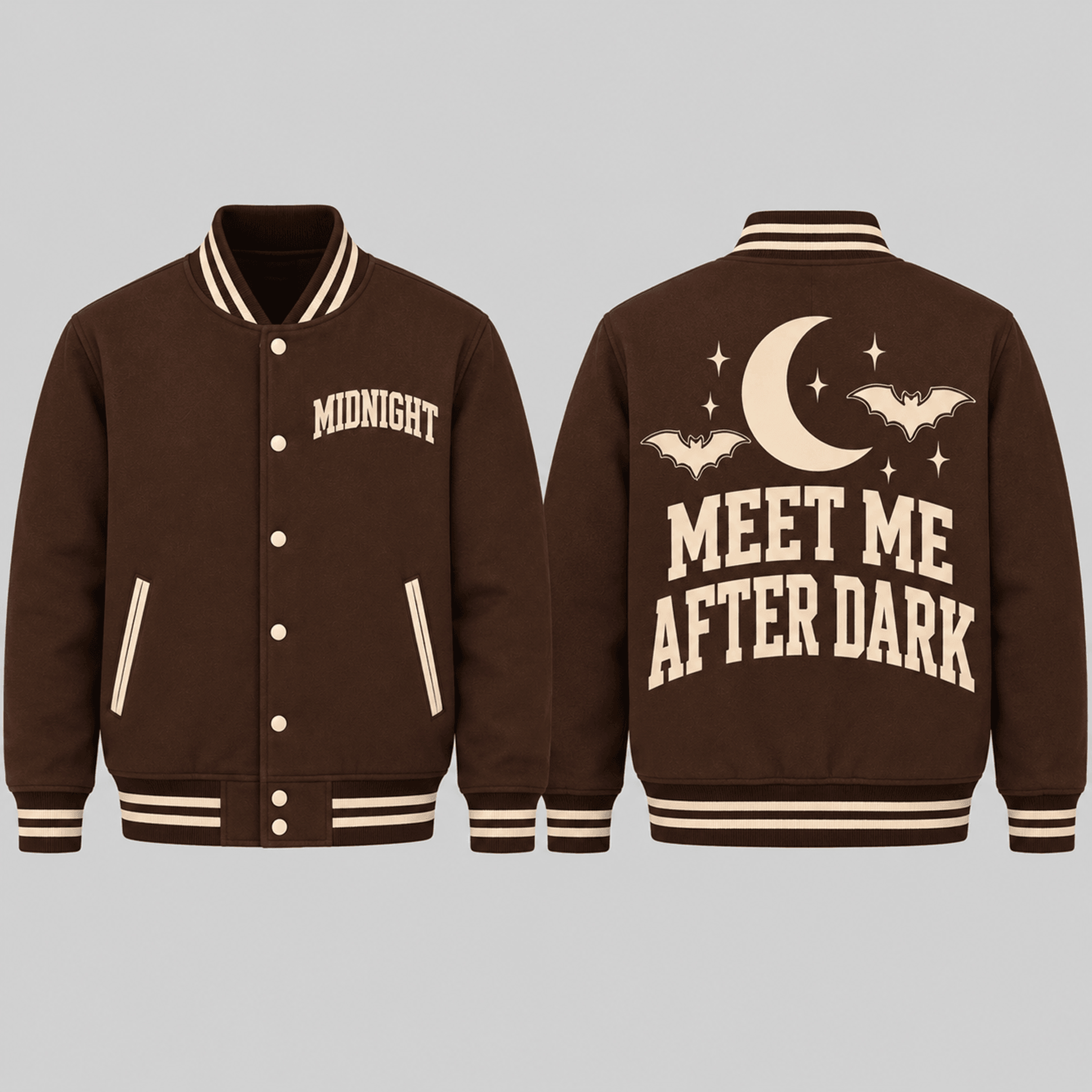 unisex midnight varsity jacket, meet me after dark moon bat printed jacket, gothic night halloween gift for adults