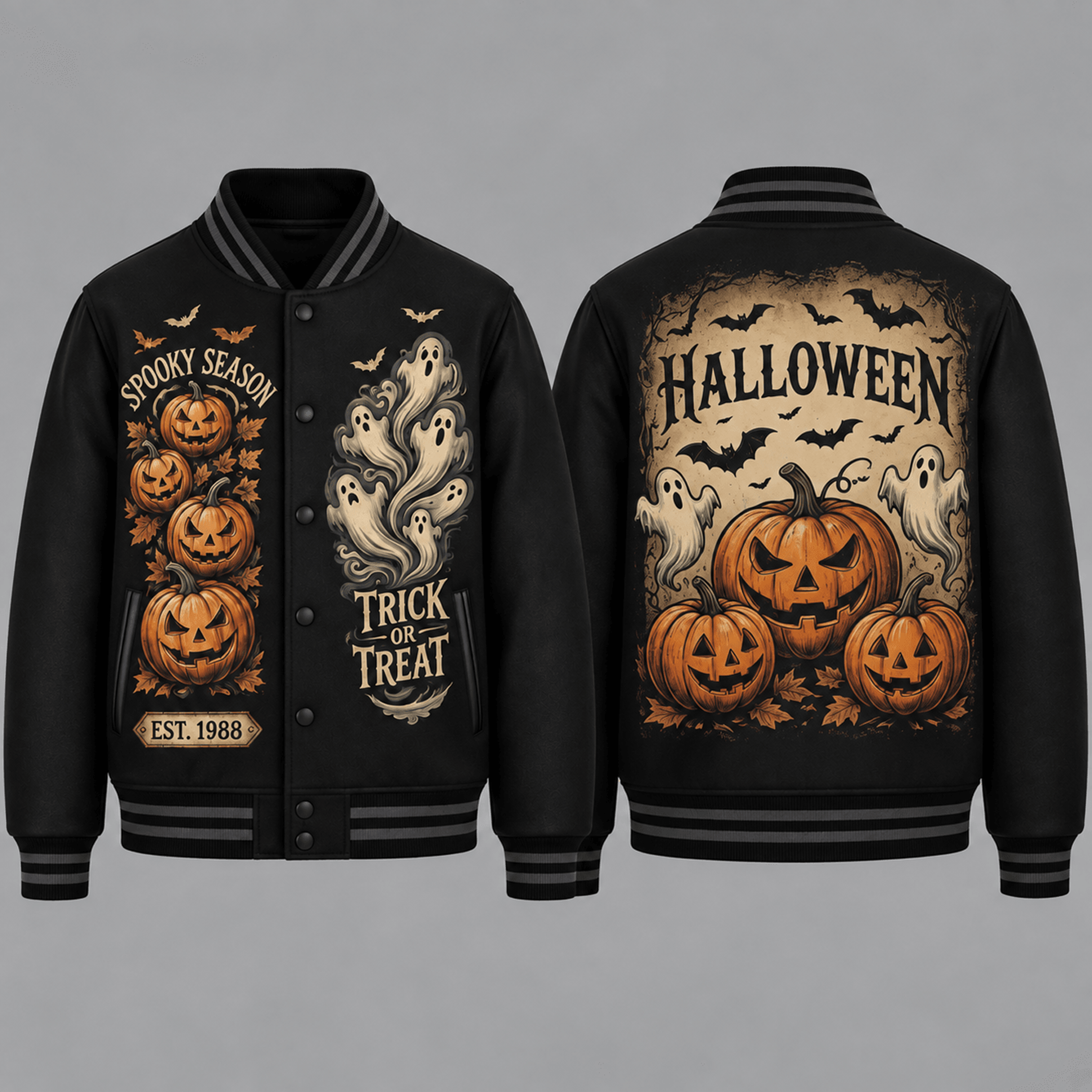 unisex spooky season varsity jacket, pumpkin ghost trick or treat printed halloween jacket, gothic gift for adults