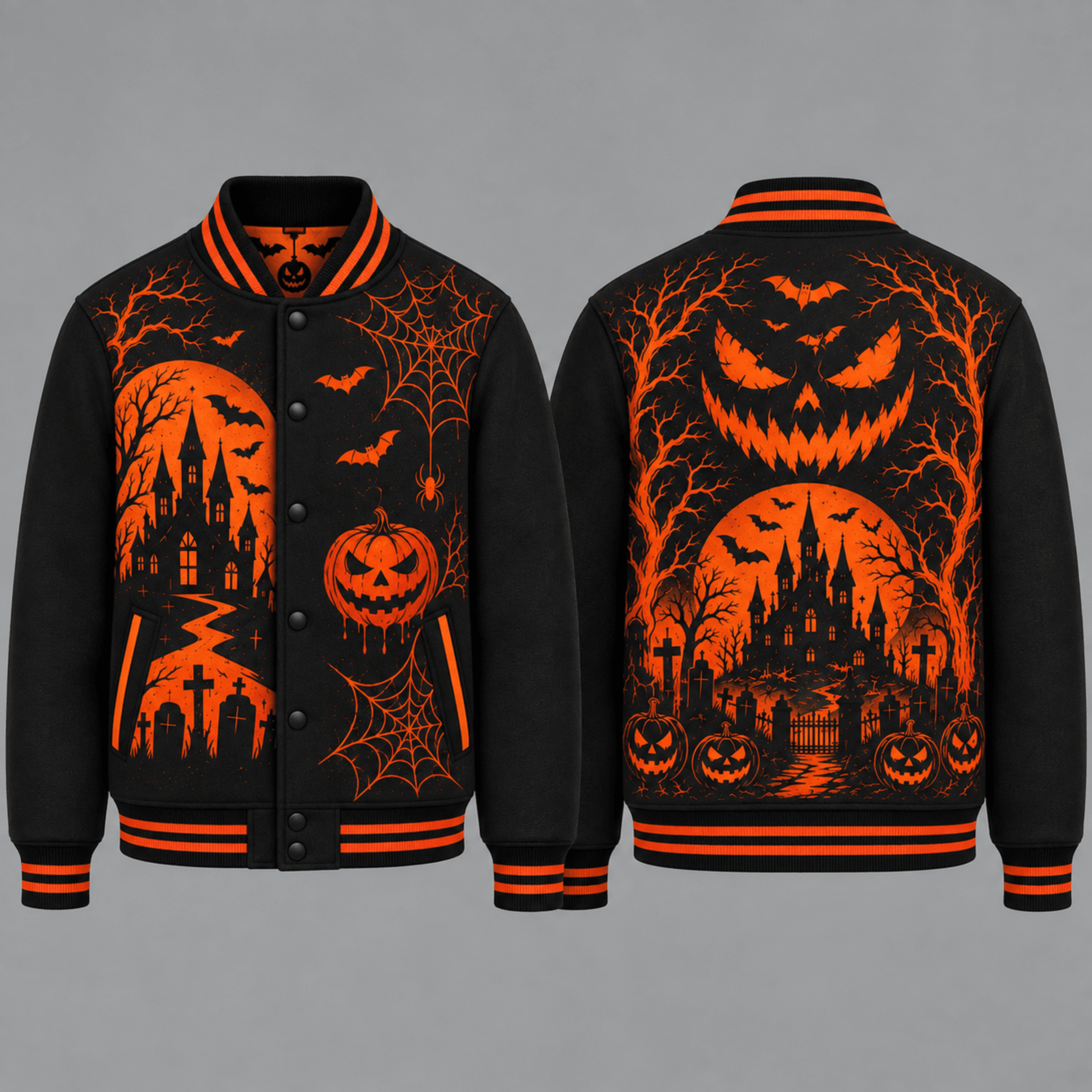 unisex halloween haunted castle varsity jacket, pumpkin bat spider web printed gothic horror jacket for adults