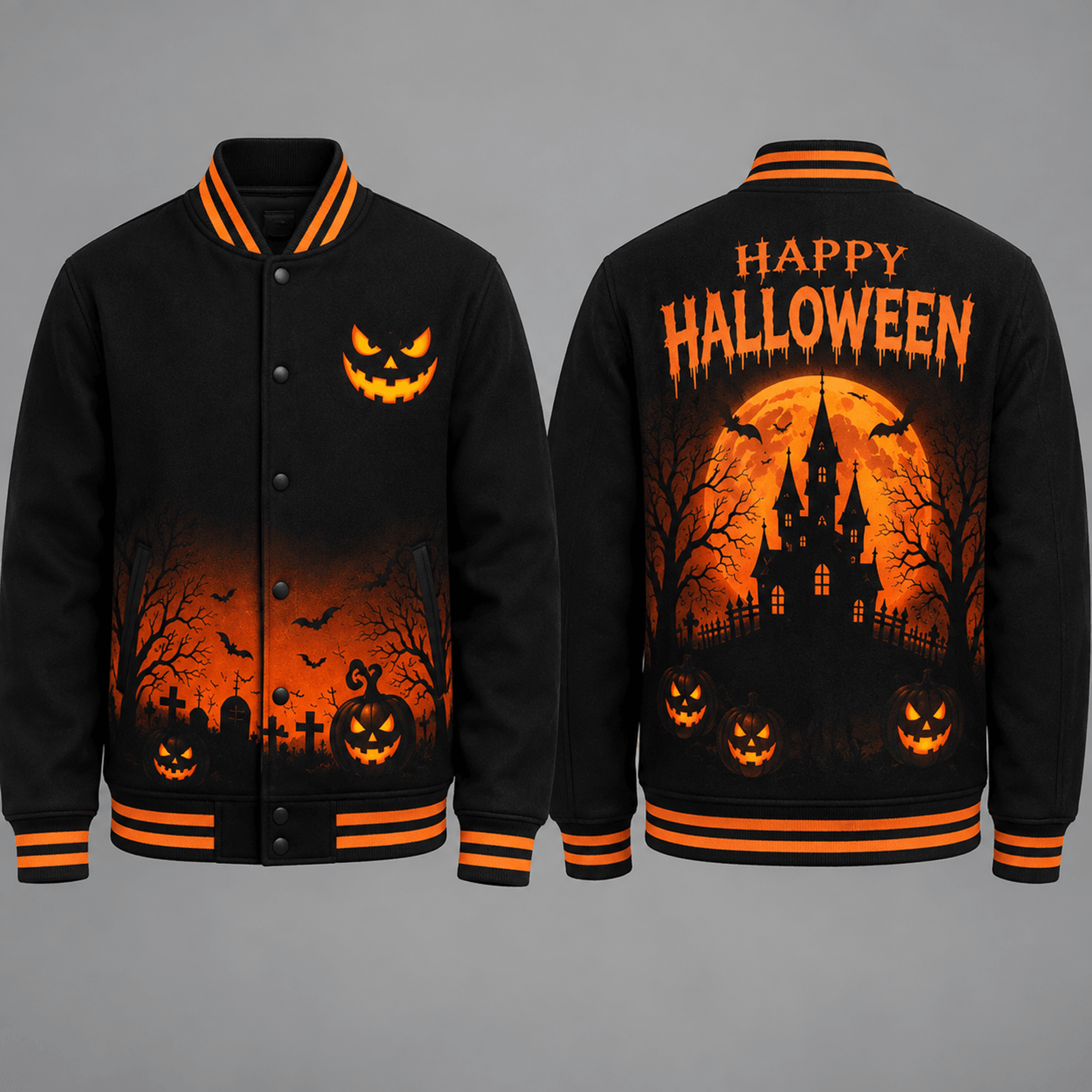 unisex happy halloween varsity jacket, haunted castle pumpkin moon printed spooky gothic jacket gift for adults