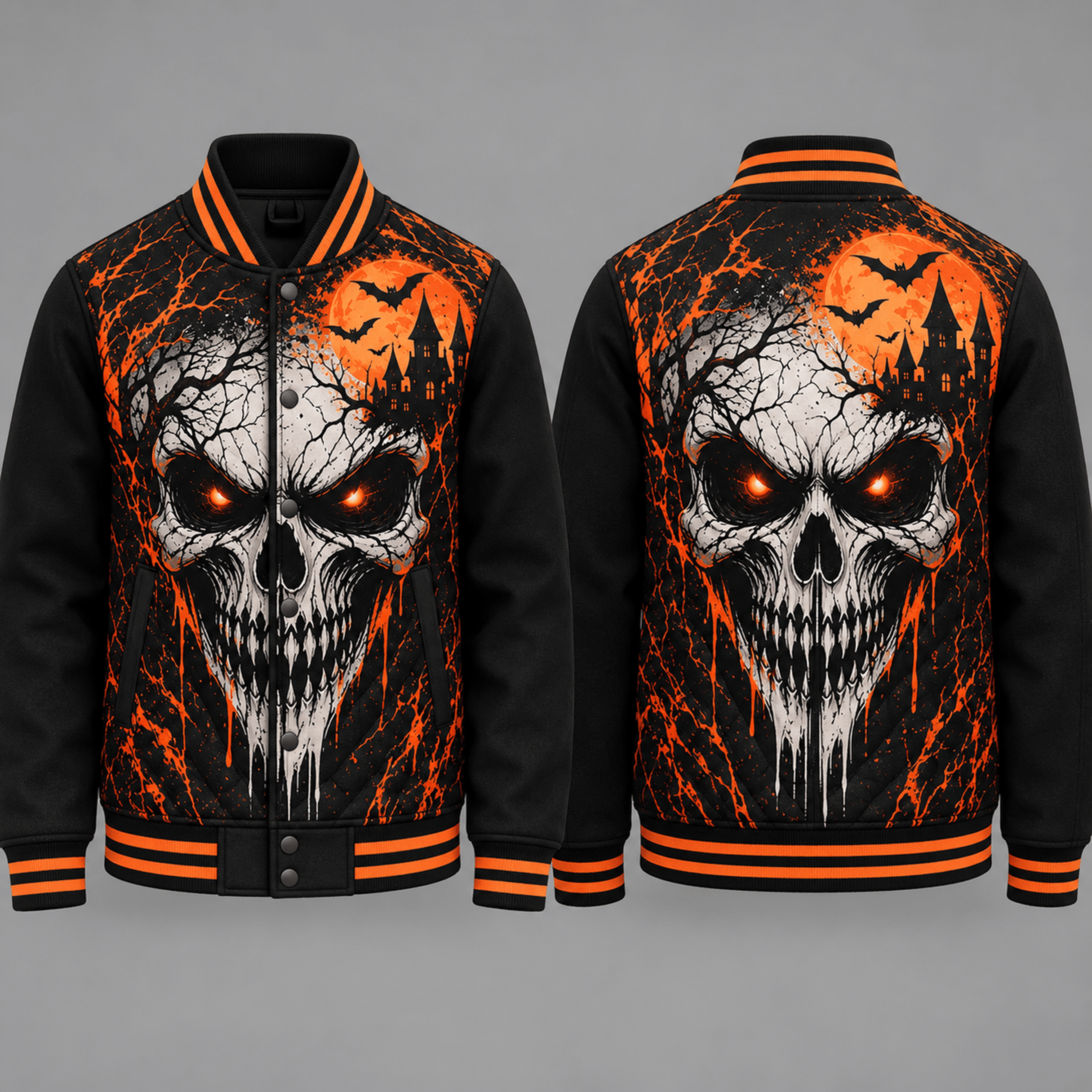 unisex evil skull varsity jacket, haunted castle orange moon printed gothic horror halloween jacket for adults