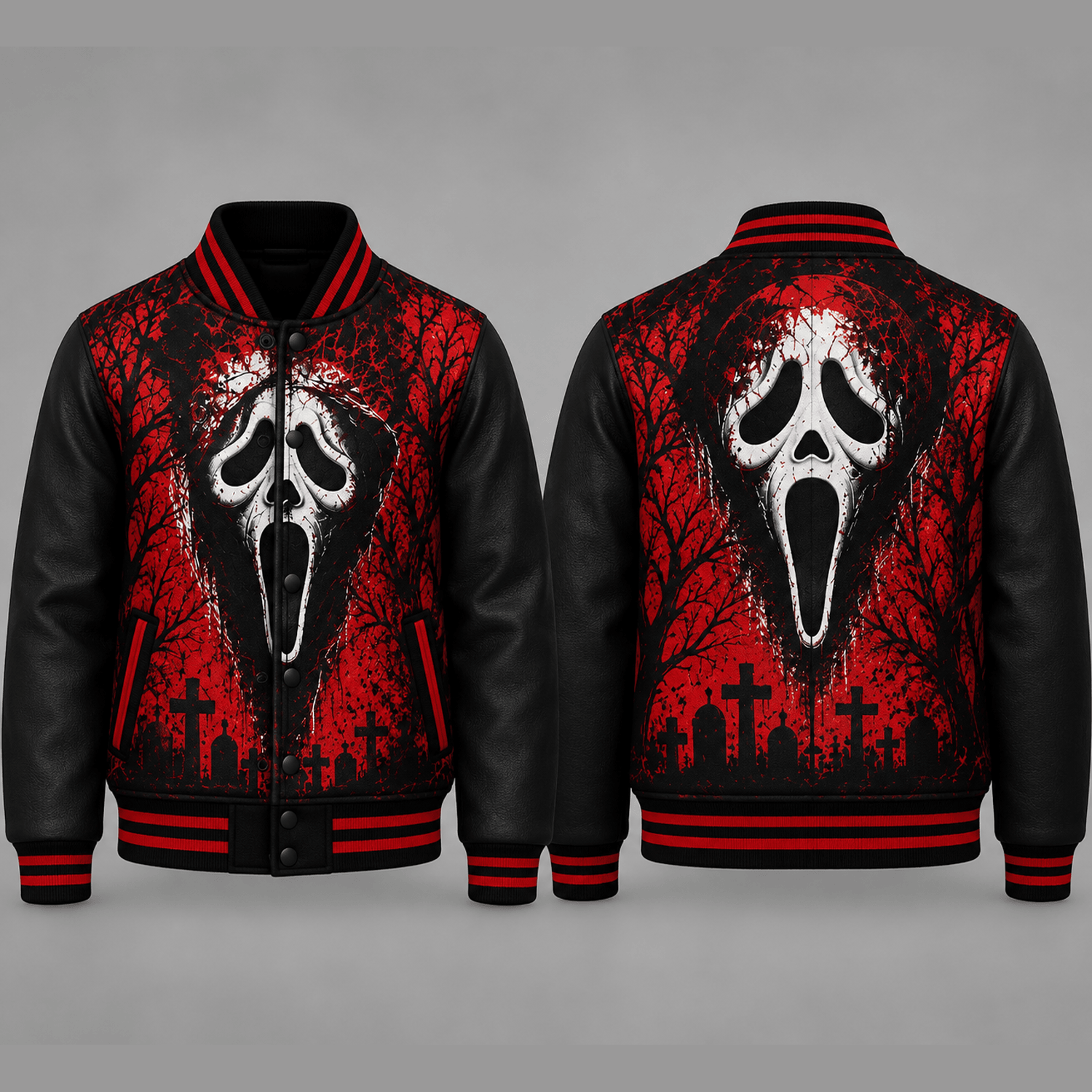 unisex horror mask varsity jacket, red black graveyard halloween printed scary gothic jacket for adults