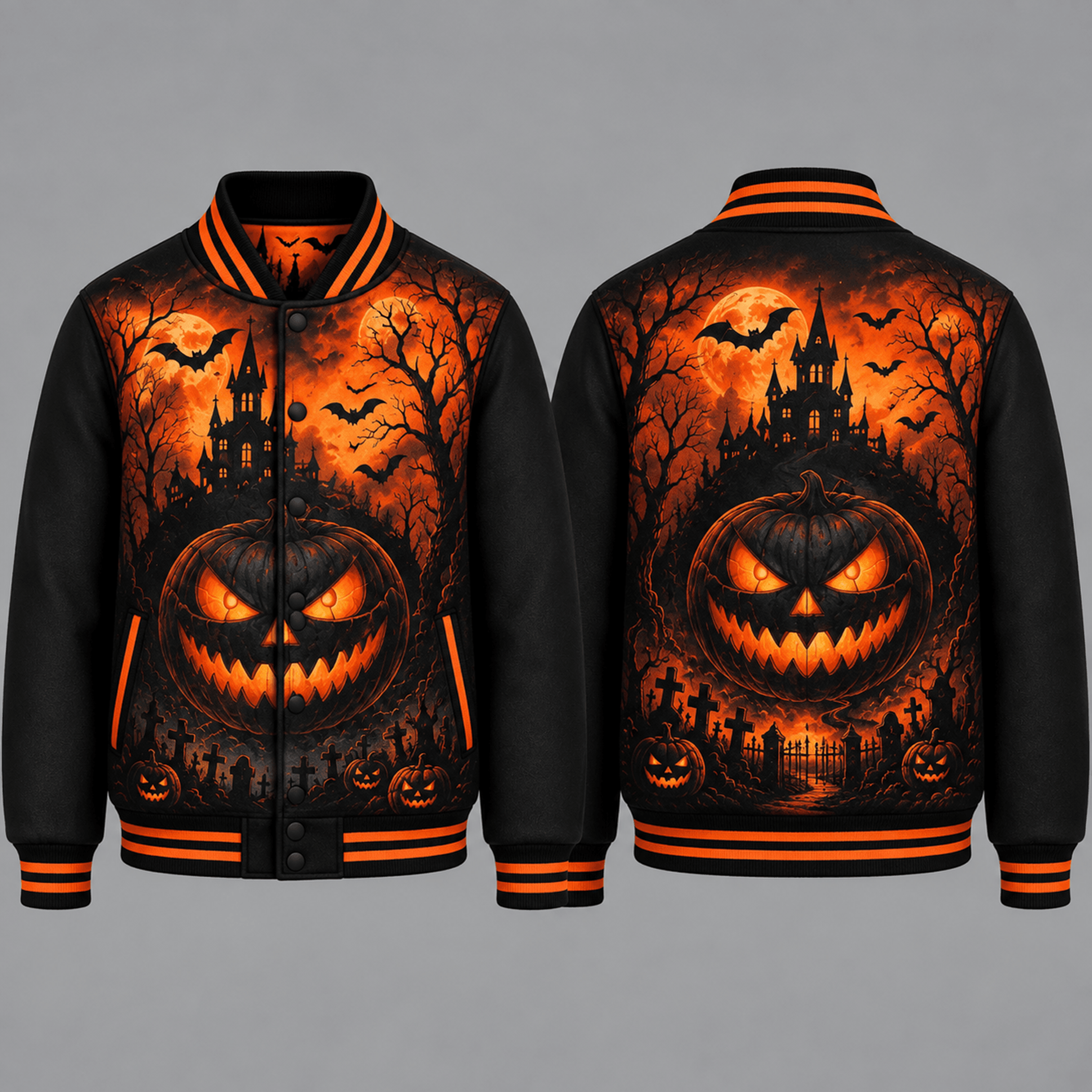 unisex evil pumpkin varsity jacket, haunted castle graveyard halloween printed spooky gothic jacket for adults