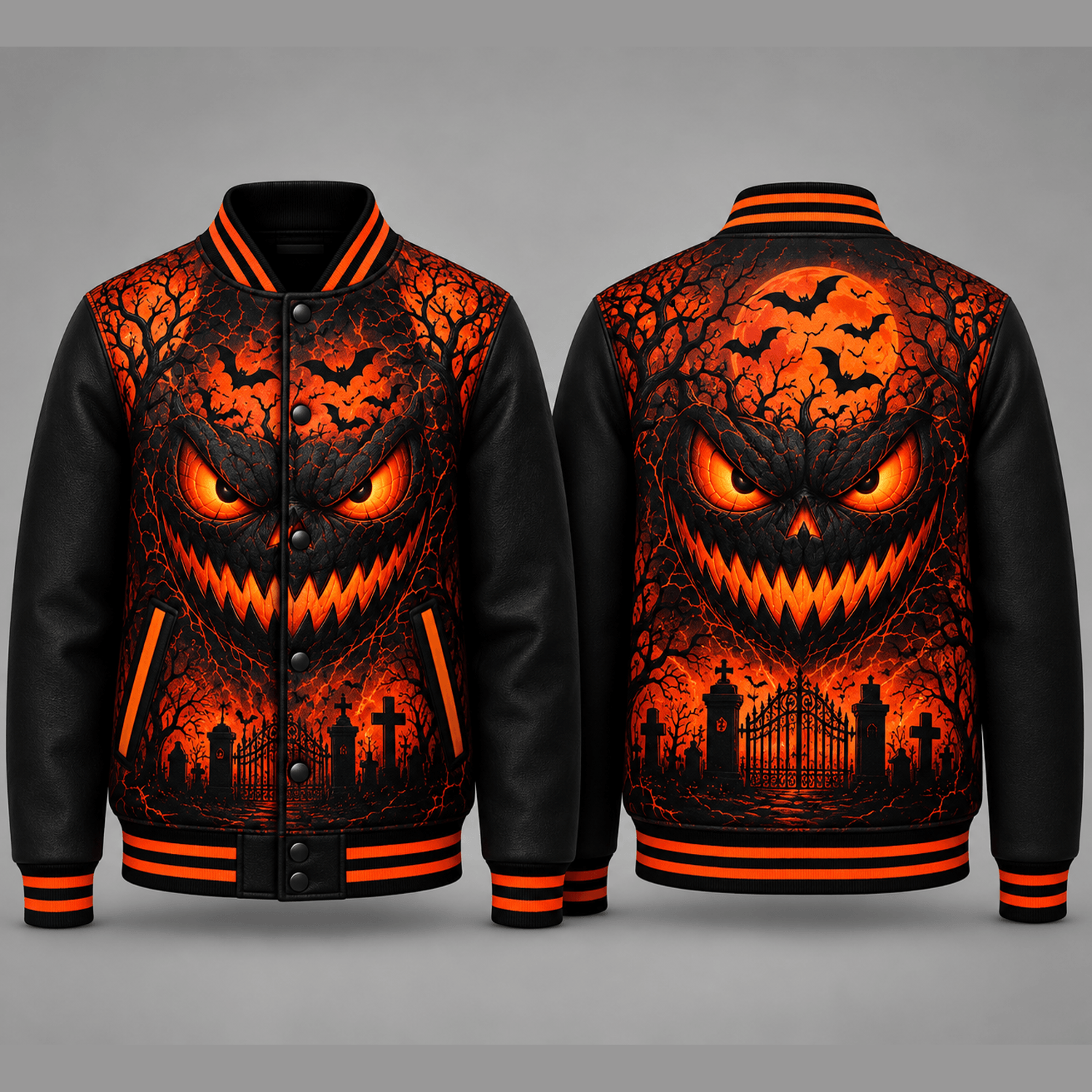 unisex evil pumpkin face varsity jacket, halloween horror graveyard printed spooky jacket for adults
