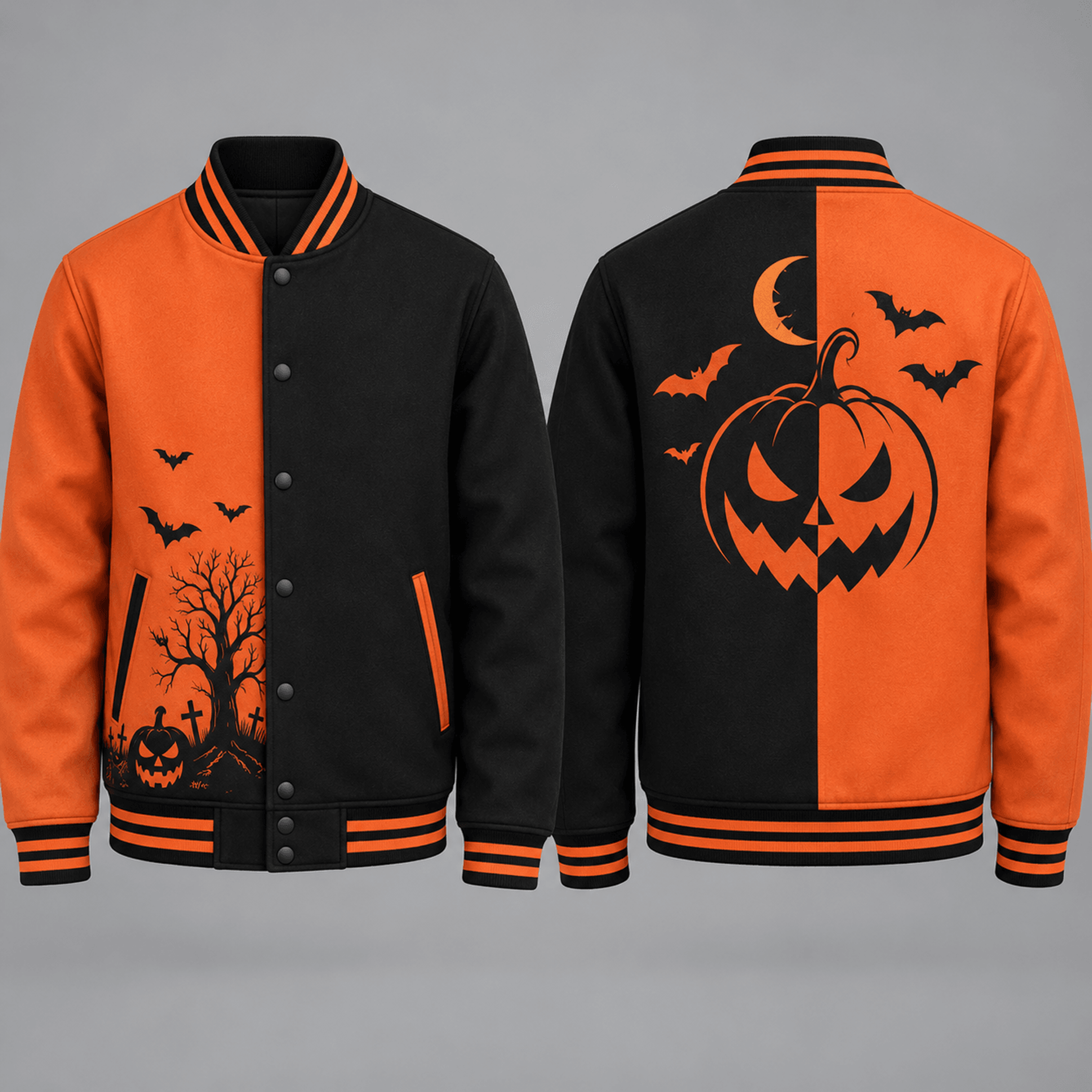 unisex split orange black halloween varsity jacket, jack o lantern pumpkin graveyard printed jacket for adults