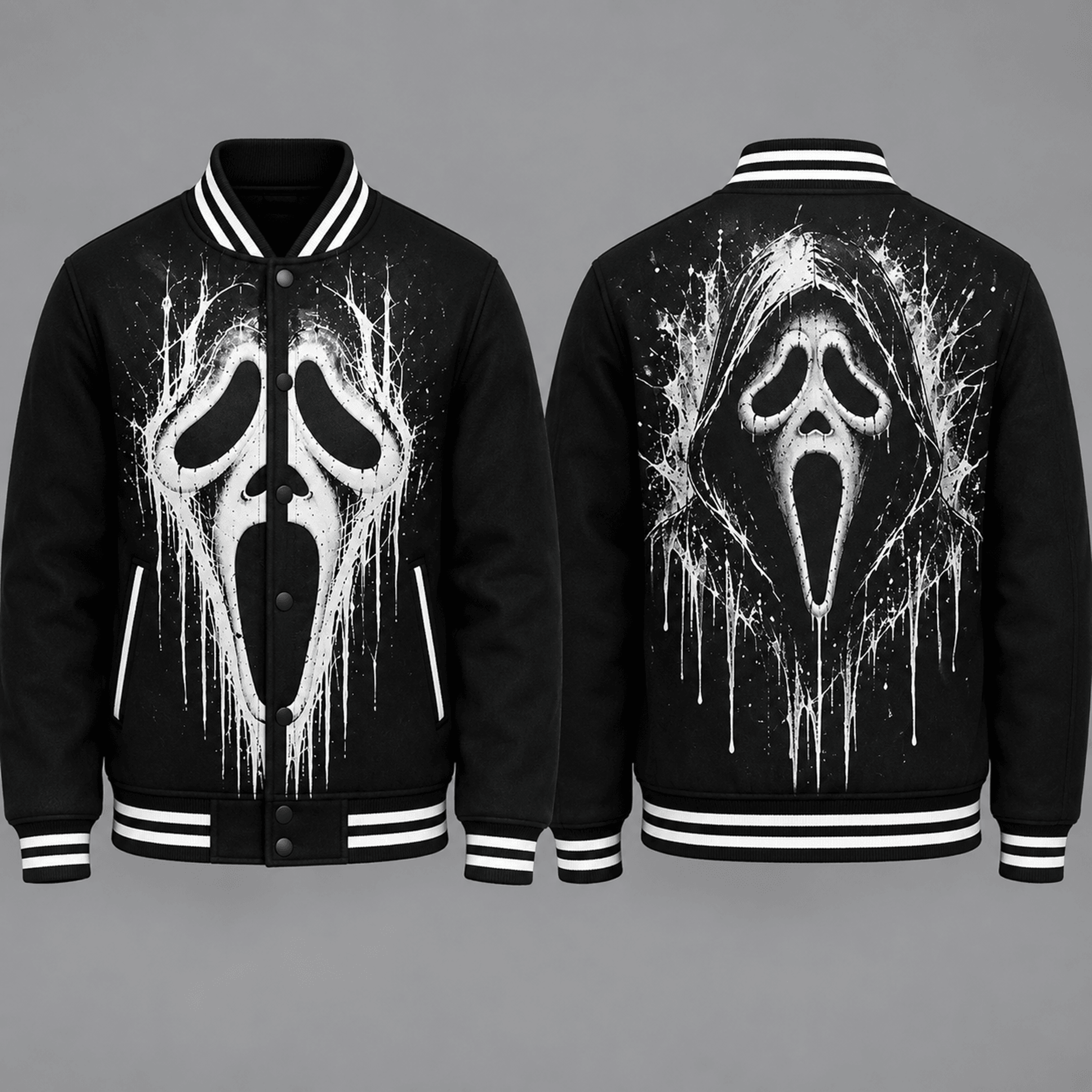 unisex ghost face halloween varsity jacket, black white horror mask printed spooky jacket for adults