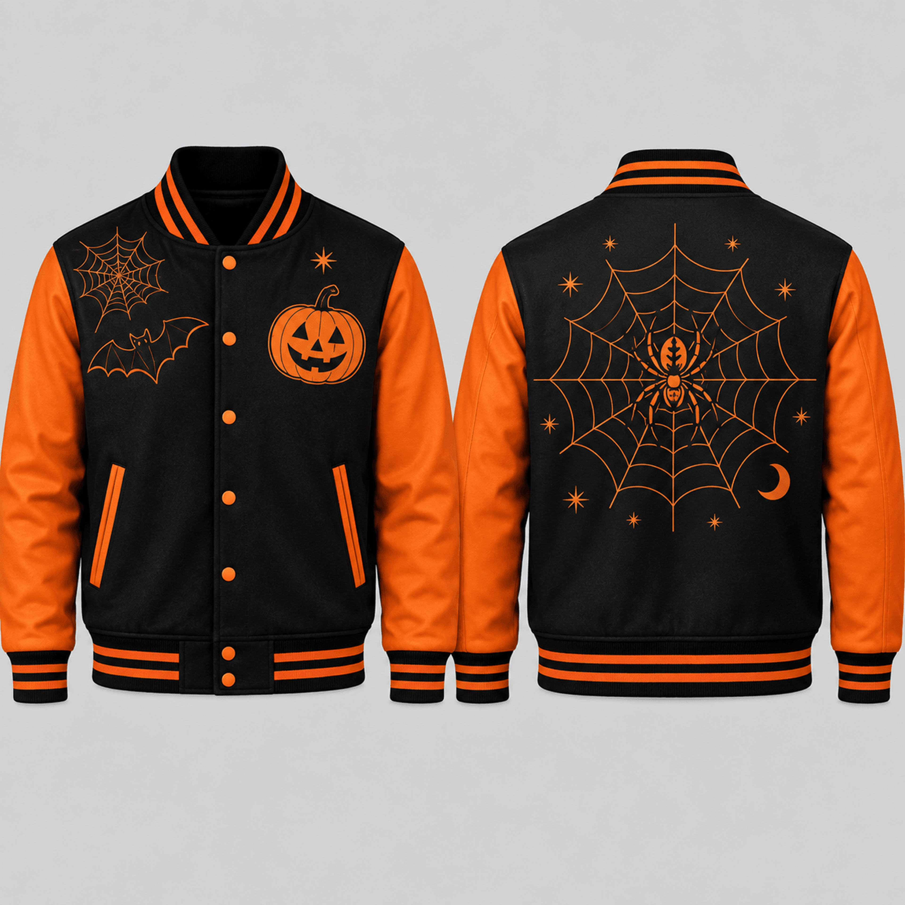 unisex halloween spider web varsity jacket, pumpkin bat black orange spooky printed jacket for adults