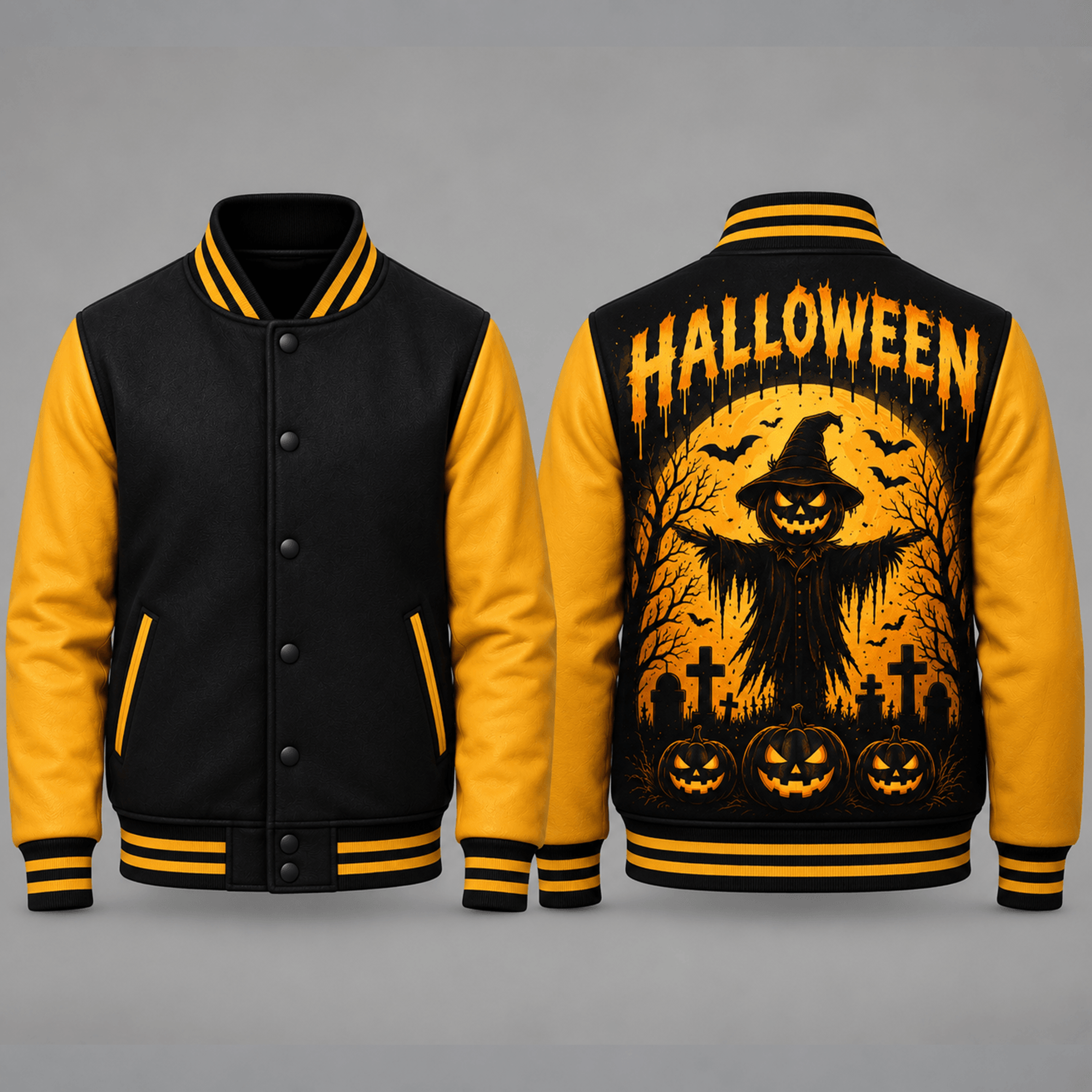 unisex halloween scarecrow varsity jacket, pumpkin graveyard black yellow spooky printed jacket for adults