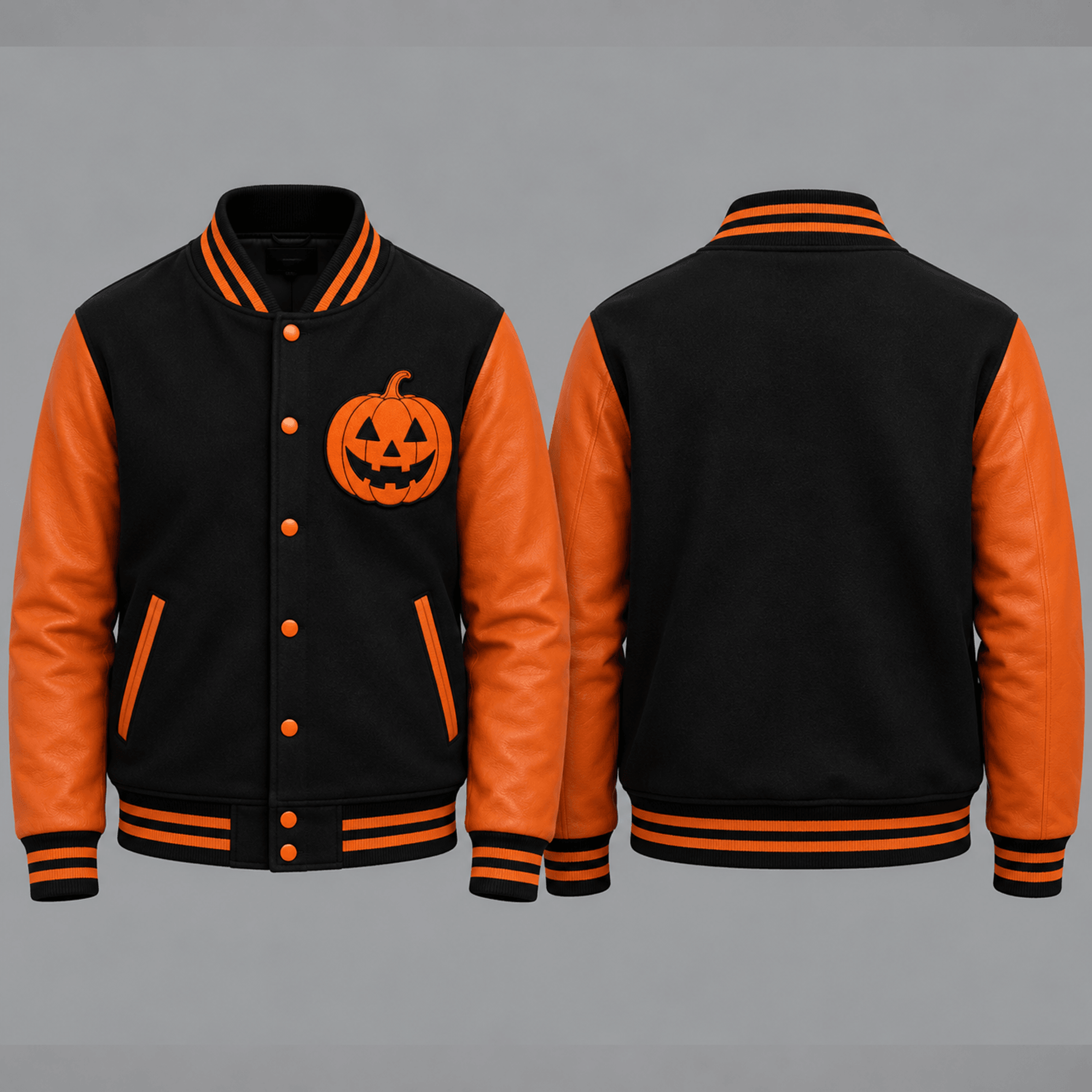 unisex jack o lantern varsity jacket, black orange halloween pumpkin printed spooky jacket for adults