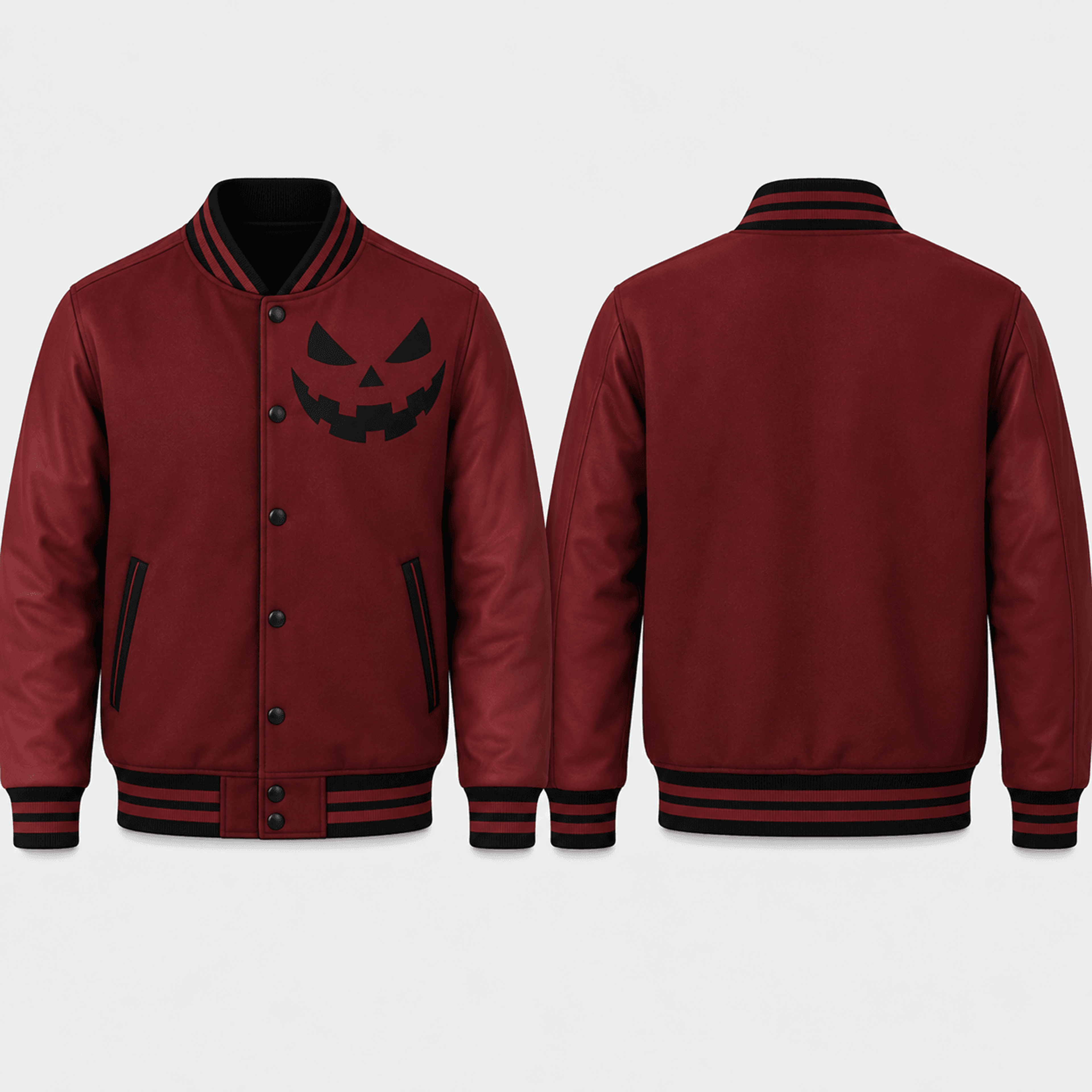 unisex halloween pumpkin face varsity jacket, burgundy spooky jack o lantern printed jacket for adults