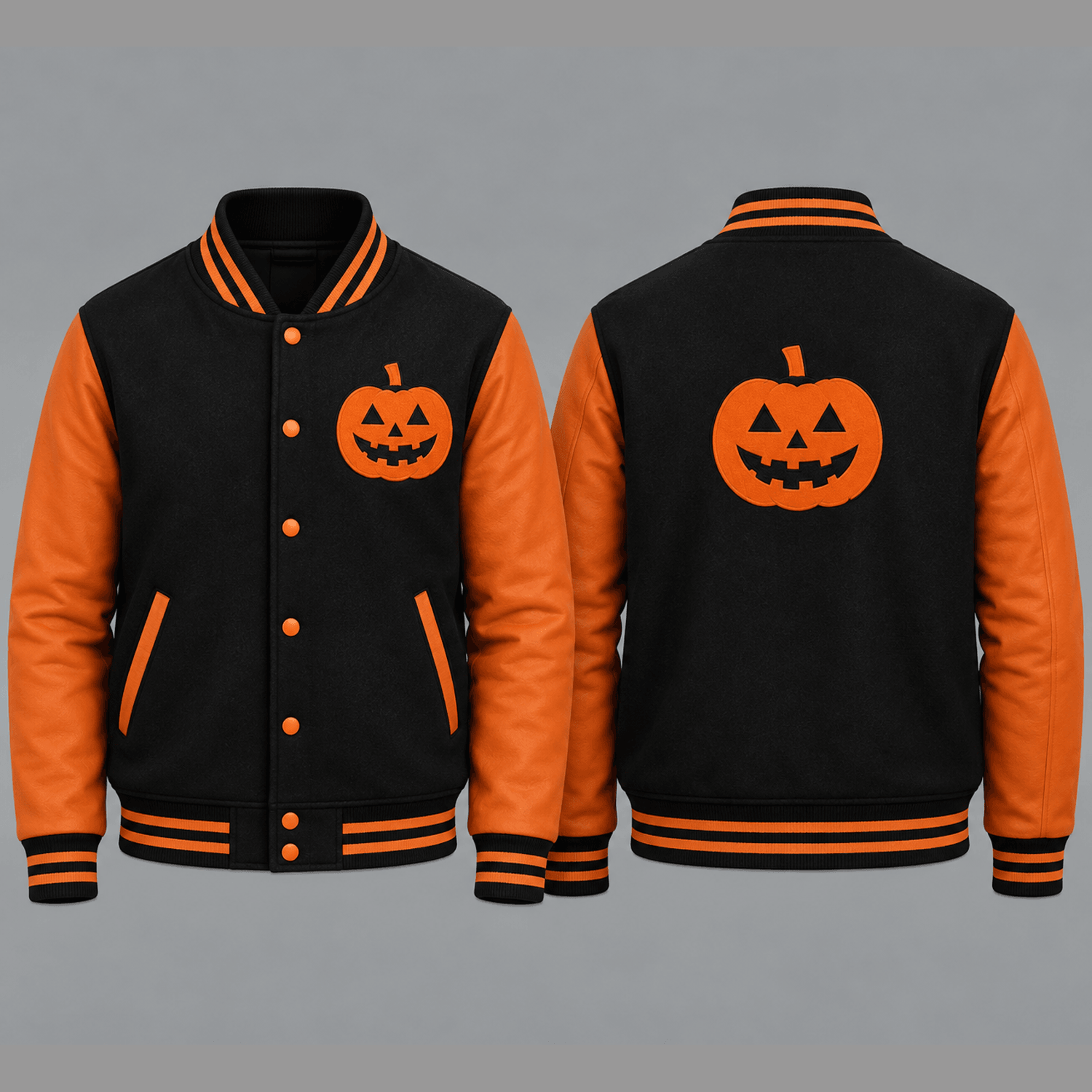 unisex halloween pumpkin varsity jacket, black orange jack o lantern printed jacket, spooky fall outfit for adults